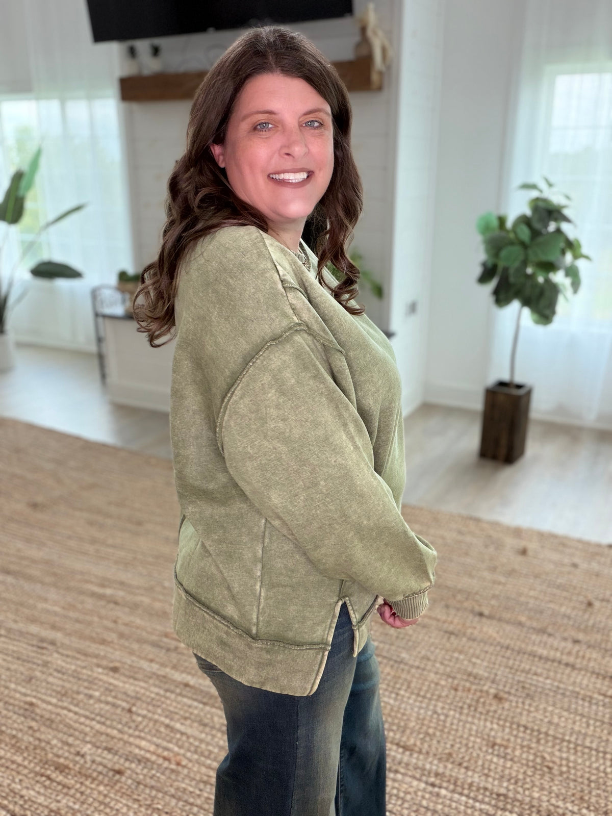 Light Olive Acid Wash Exposed-Seam Fleece Sweatshirt