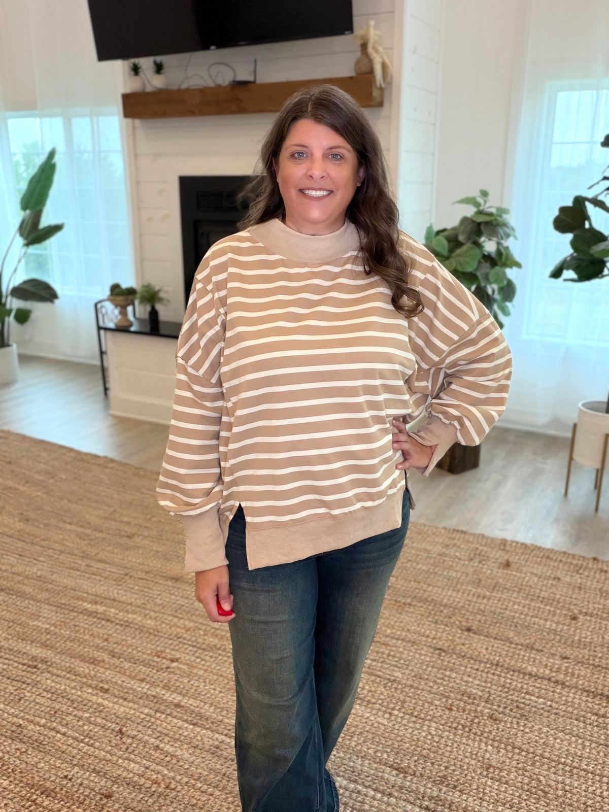 Taupe and Cream Striped Mock Neck Top