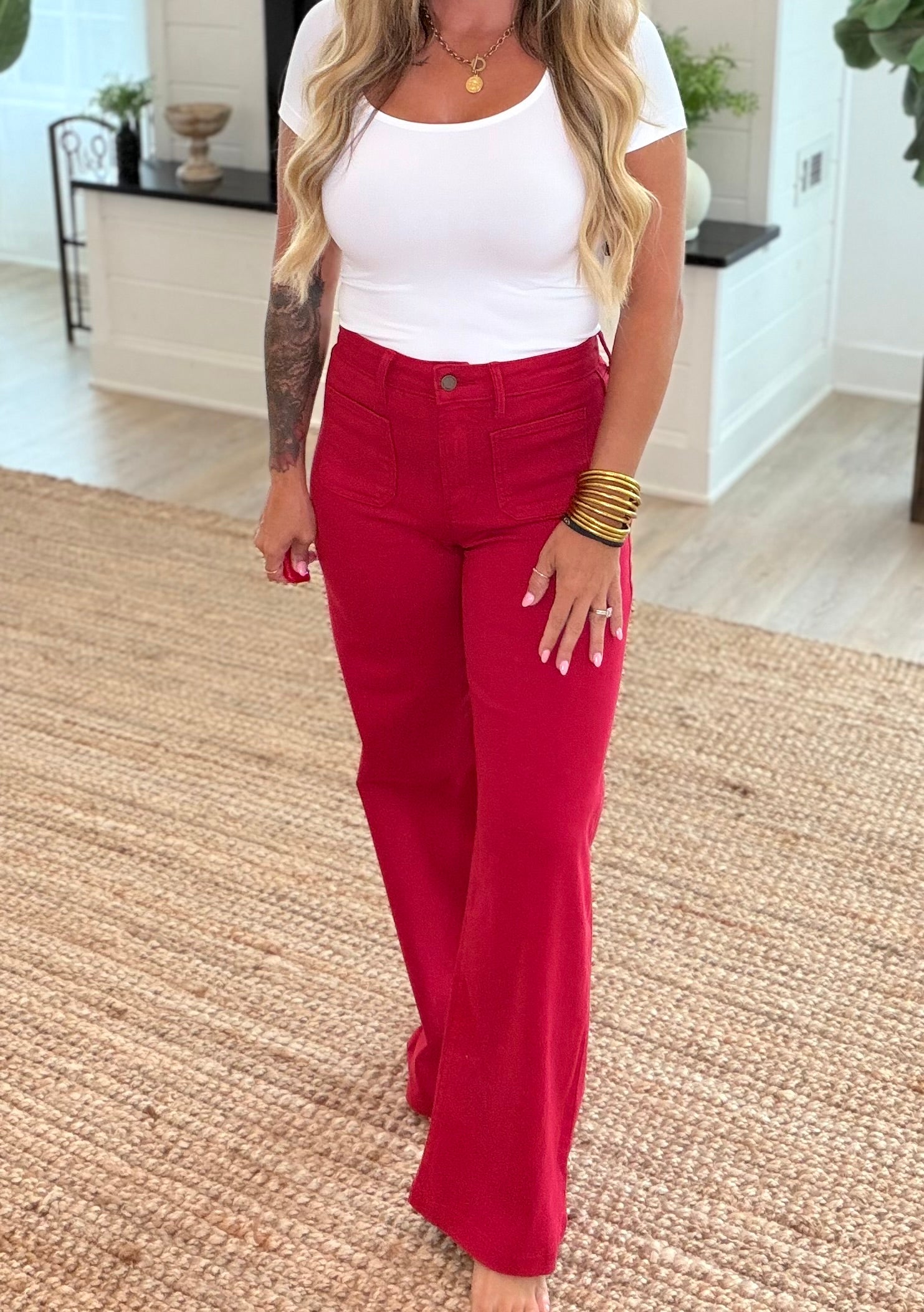 Dark Red Wide Leg Denim Jeans