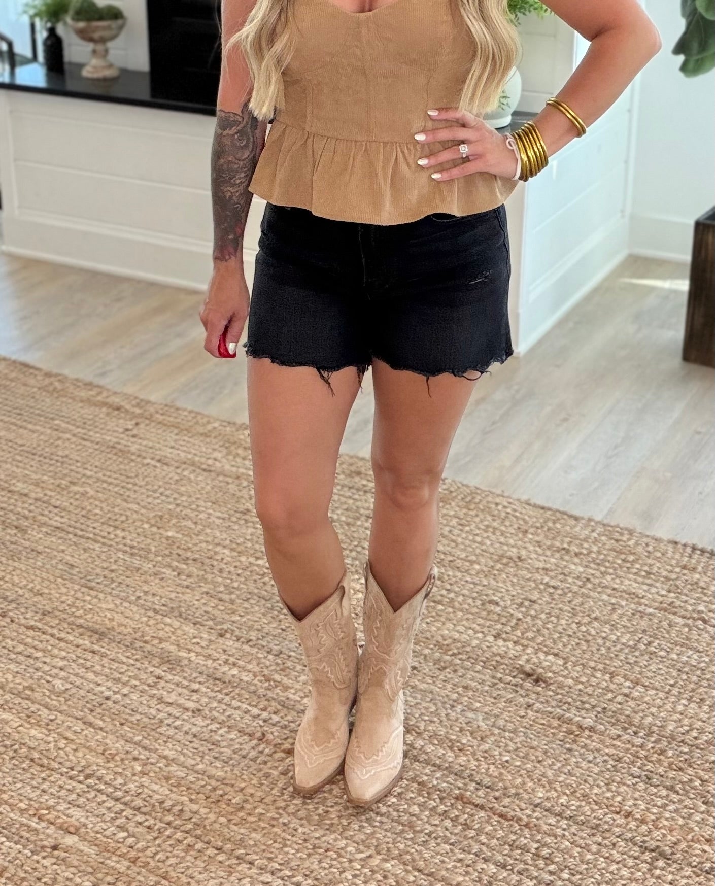 Vervet Black High Rise Uneven Distressed Hem Denim Shorts