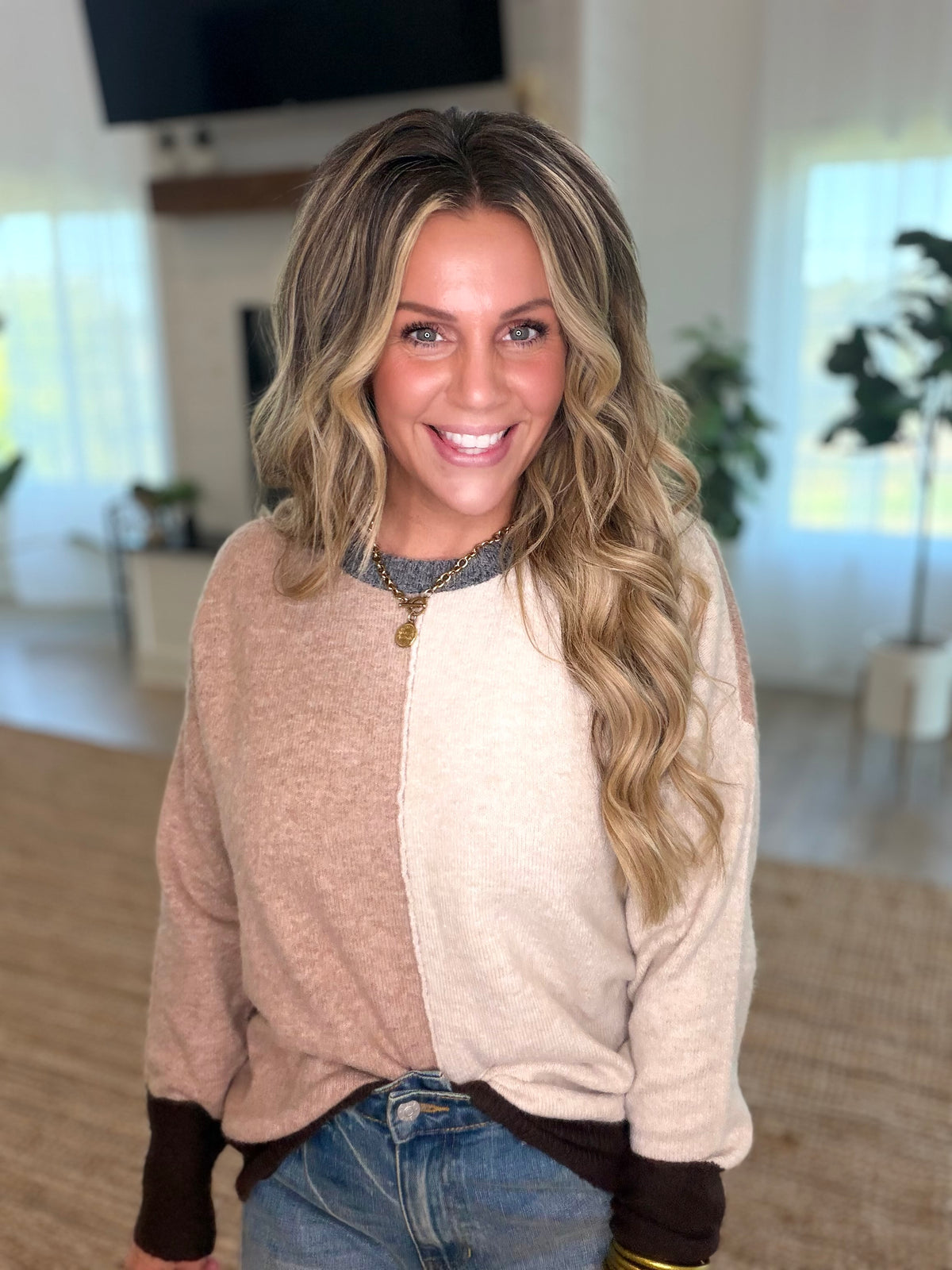Brown Colorblock Crew Neck Sweater