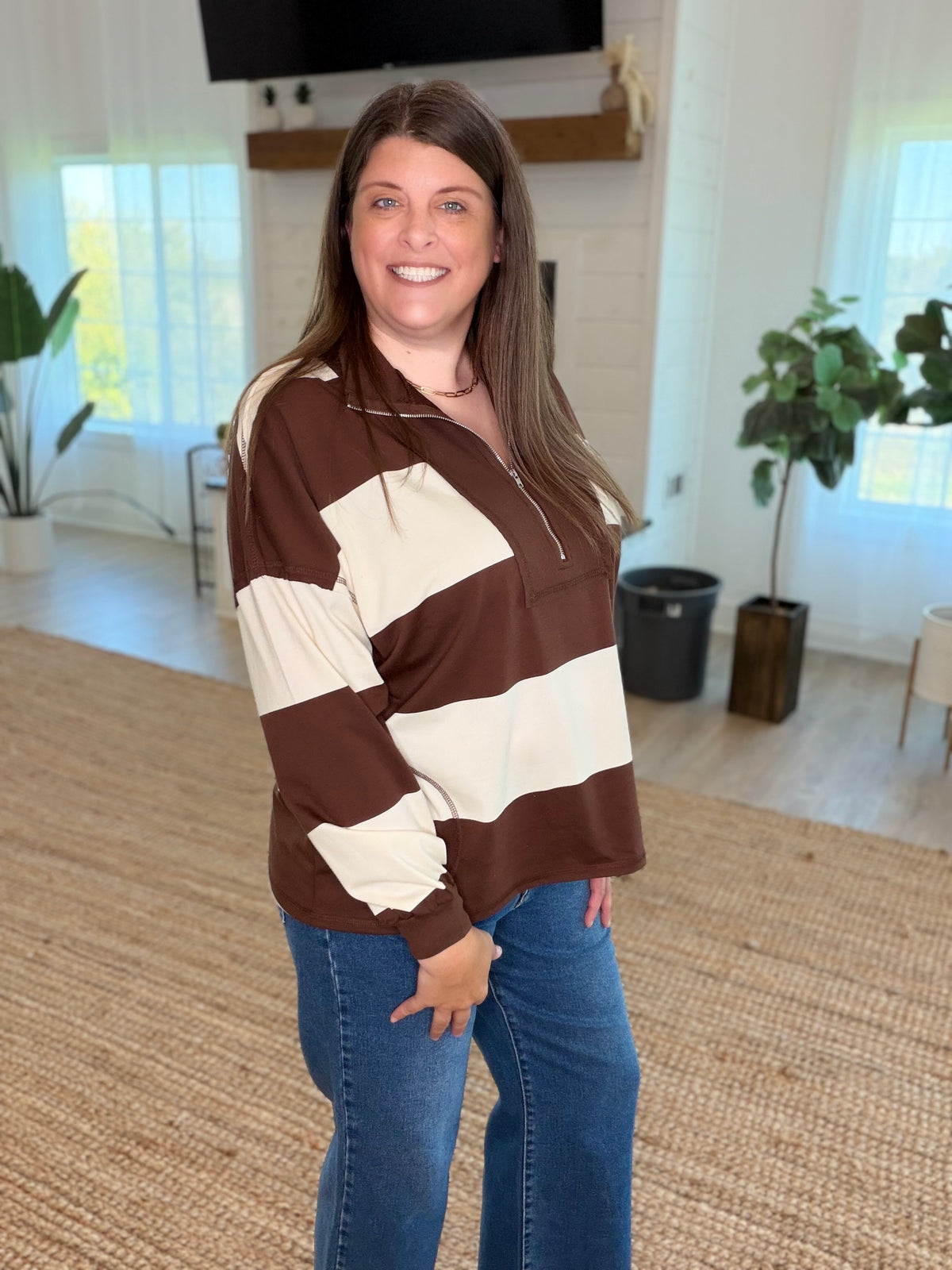 Brown Wide Stripe Half Zip Top