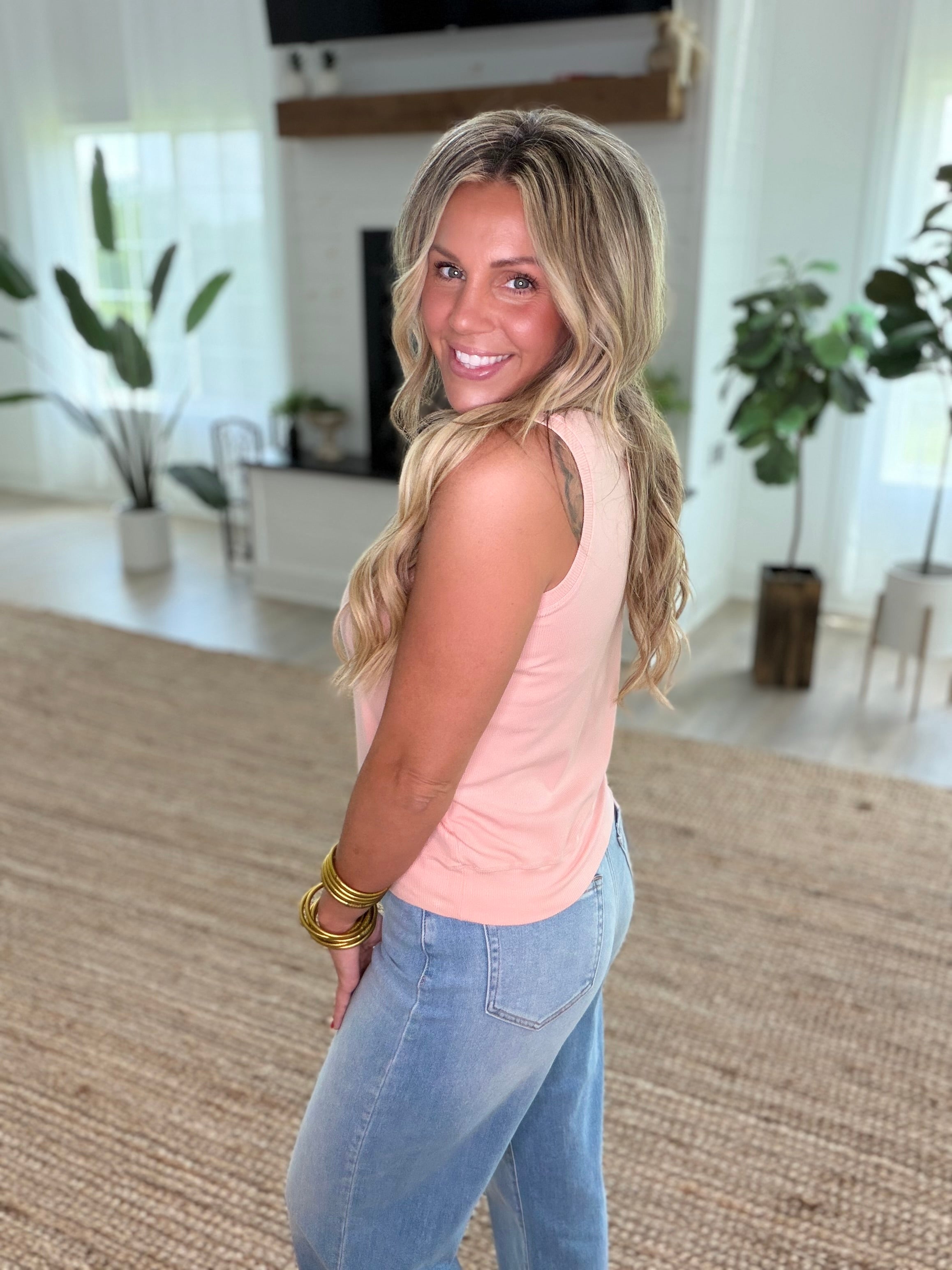 Peach Ribbed Viscose Crew Neck Loose Fit Tank