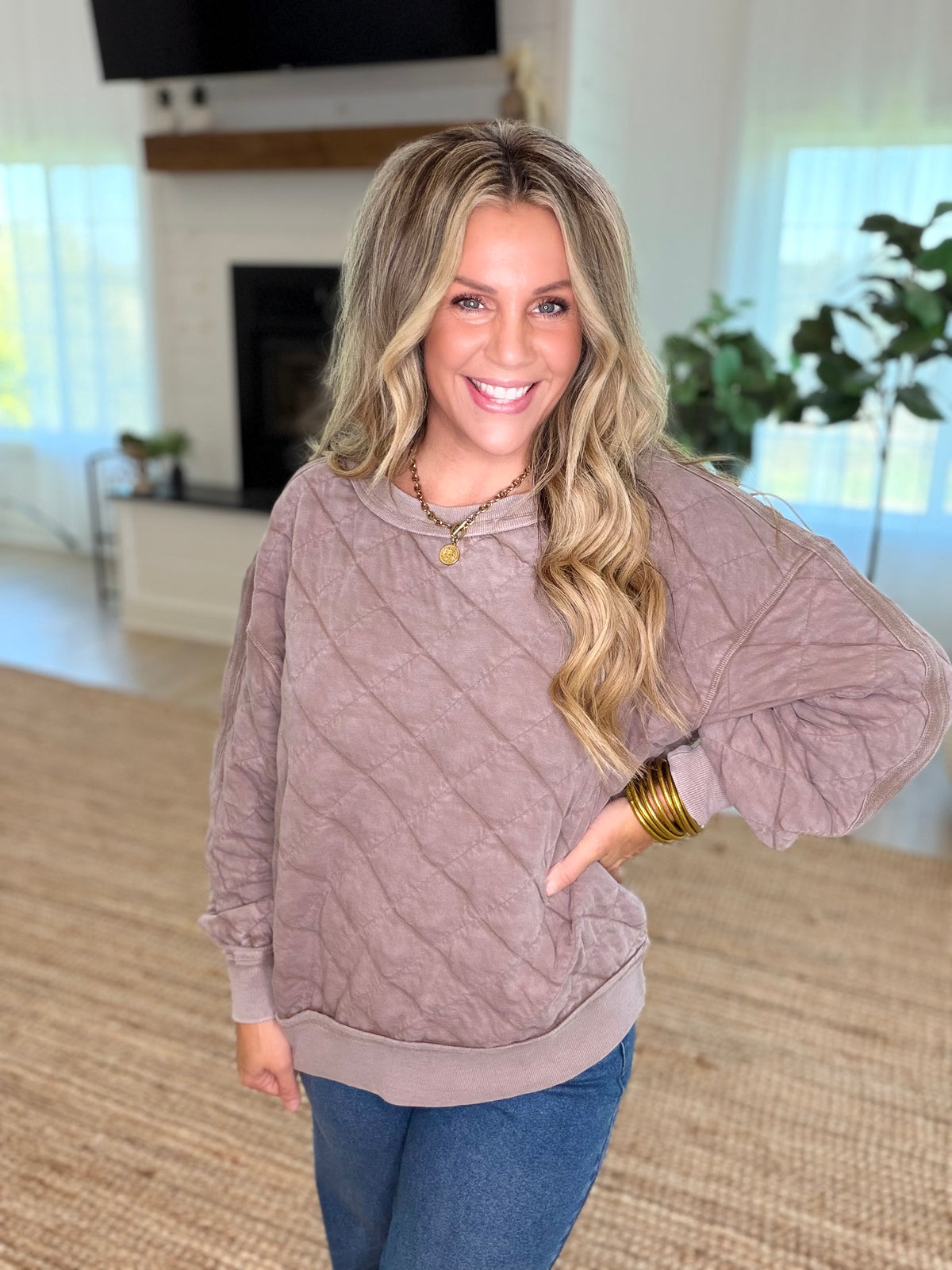 Mocha Mineral Washed Quilted Pullover
