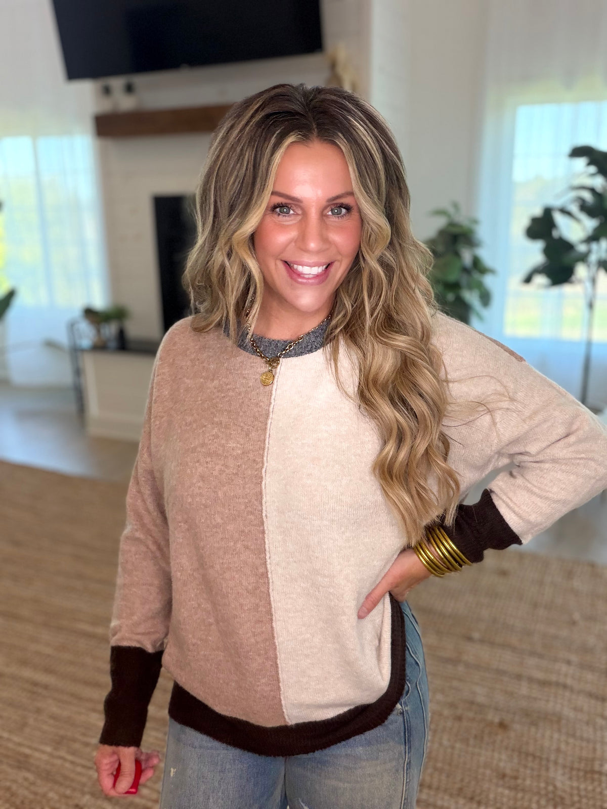 Brown Colorblock Crew Neck Sweater
