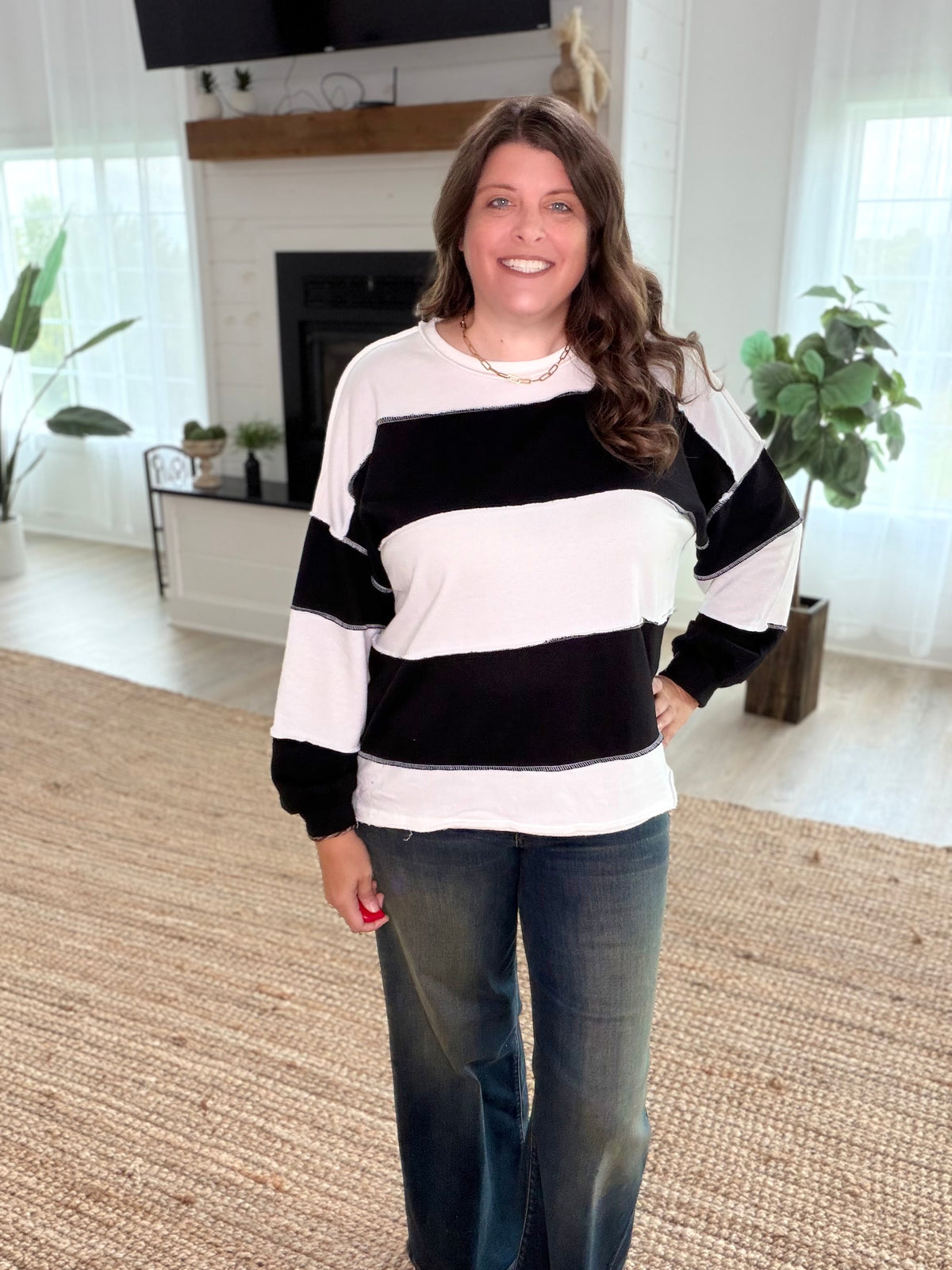 Black French Terry Color Block Exposed Seam Top