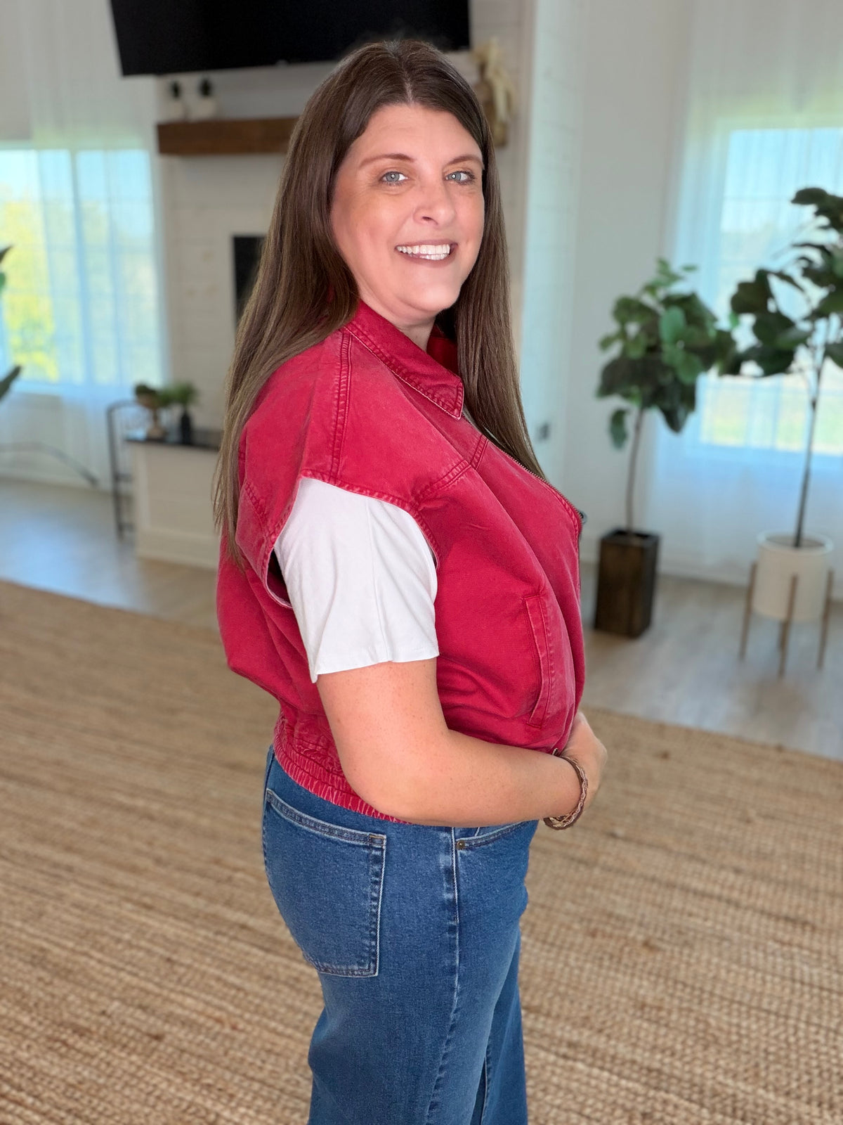 Dark Red Denim Mineral Wash Sleeveless Zip-Up Collar Vest