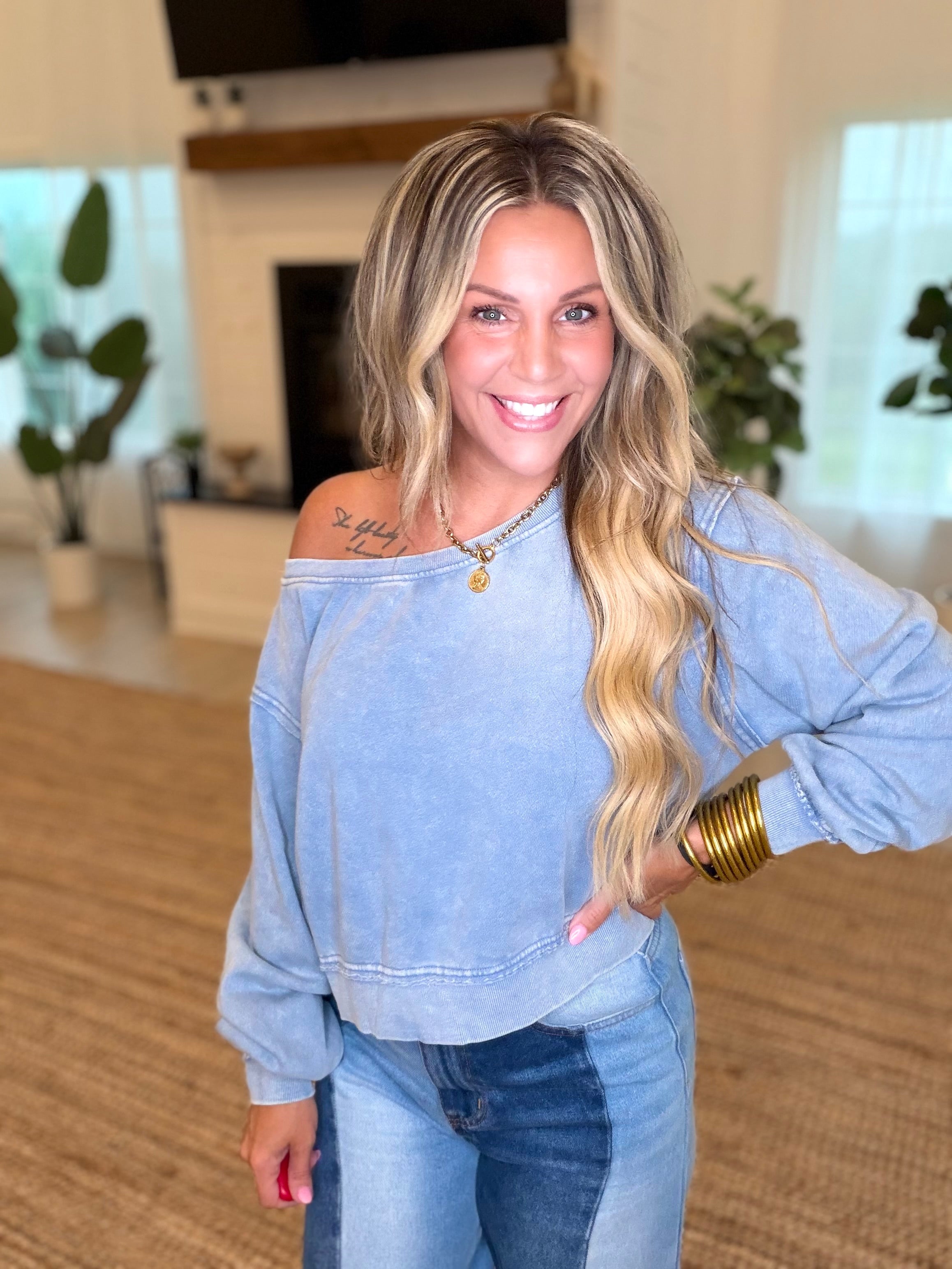 Dusty Blue Raw Edge Acid Wash Off The Shoulder Sweatshirt