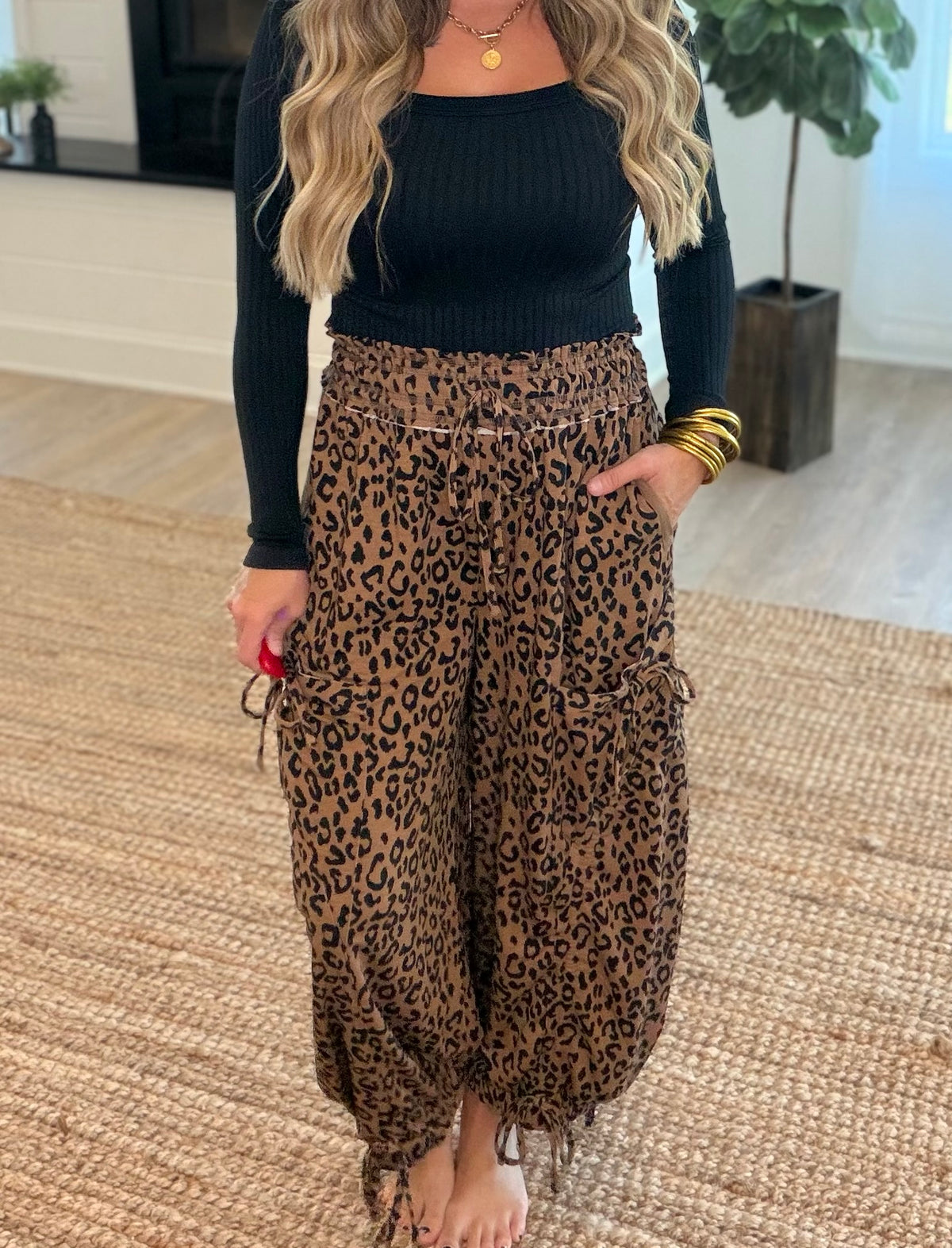 Leopard Print Ruched Balloon Cargo Pants