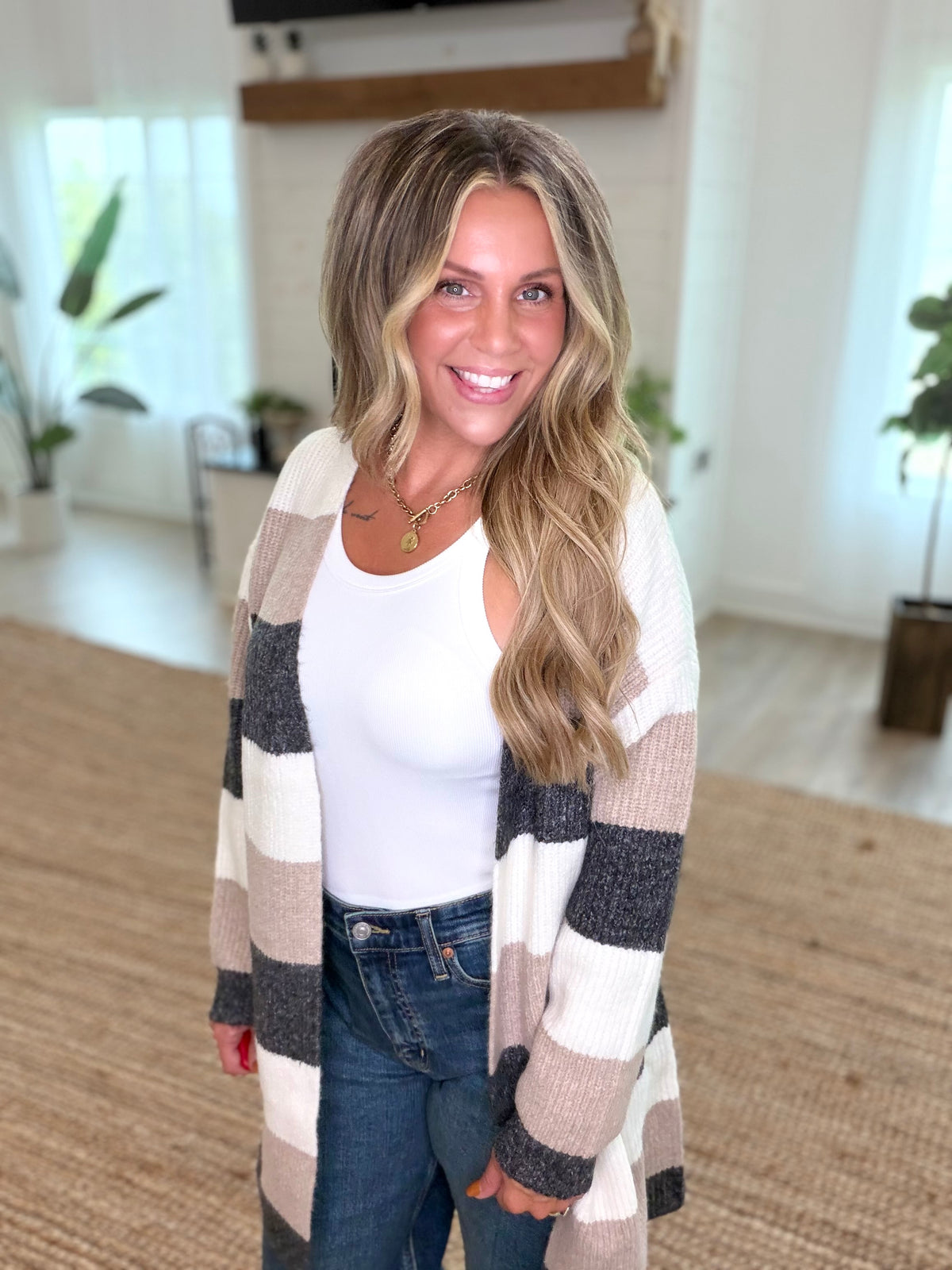 Cream and Beige Striped Color Block Cardigan