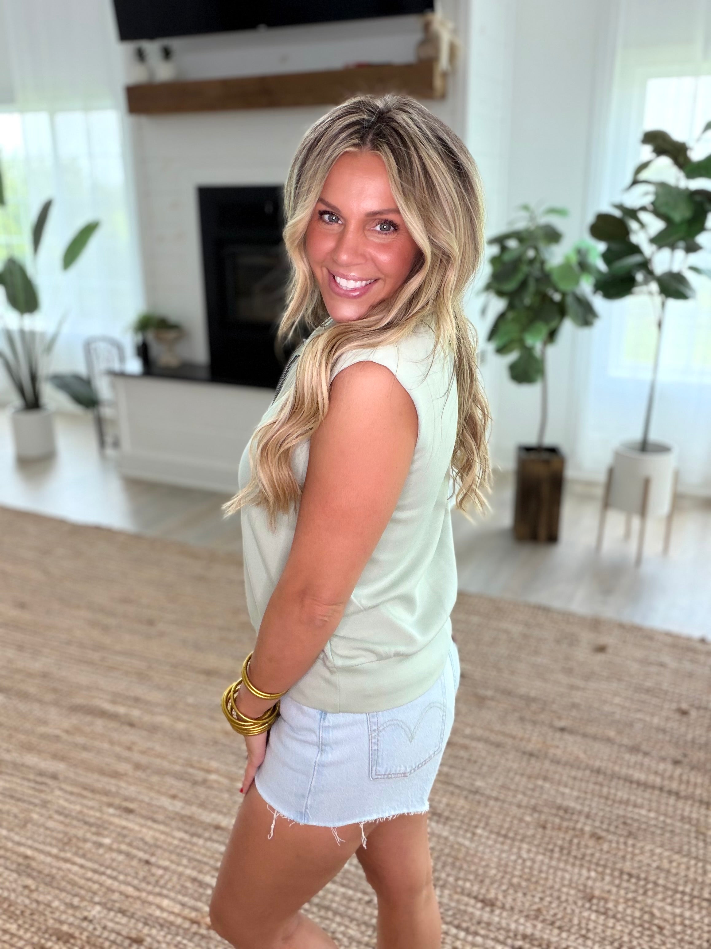 Sage Brushed Modal Half Zip Sleeveless Top