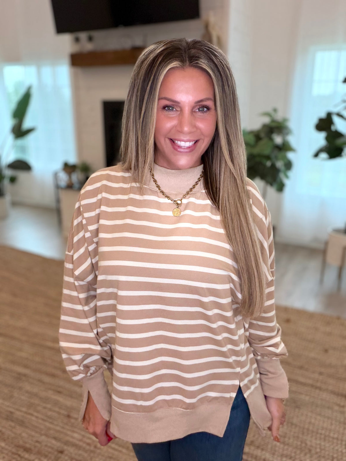 Taupe and Cream Striped Mock Neck Top