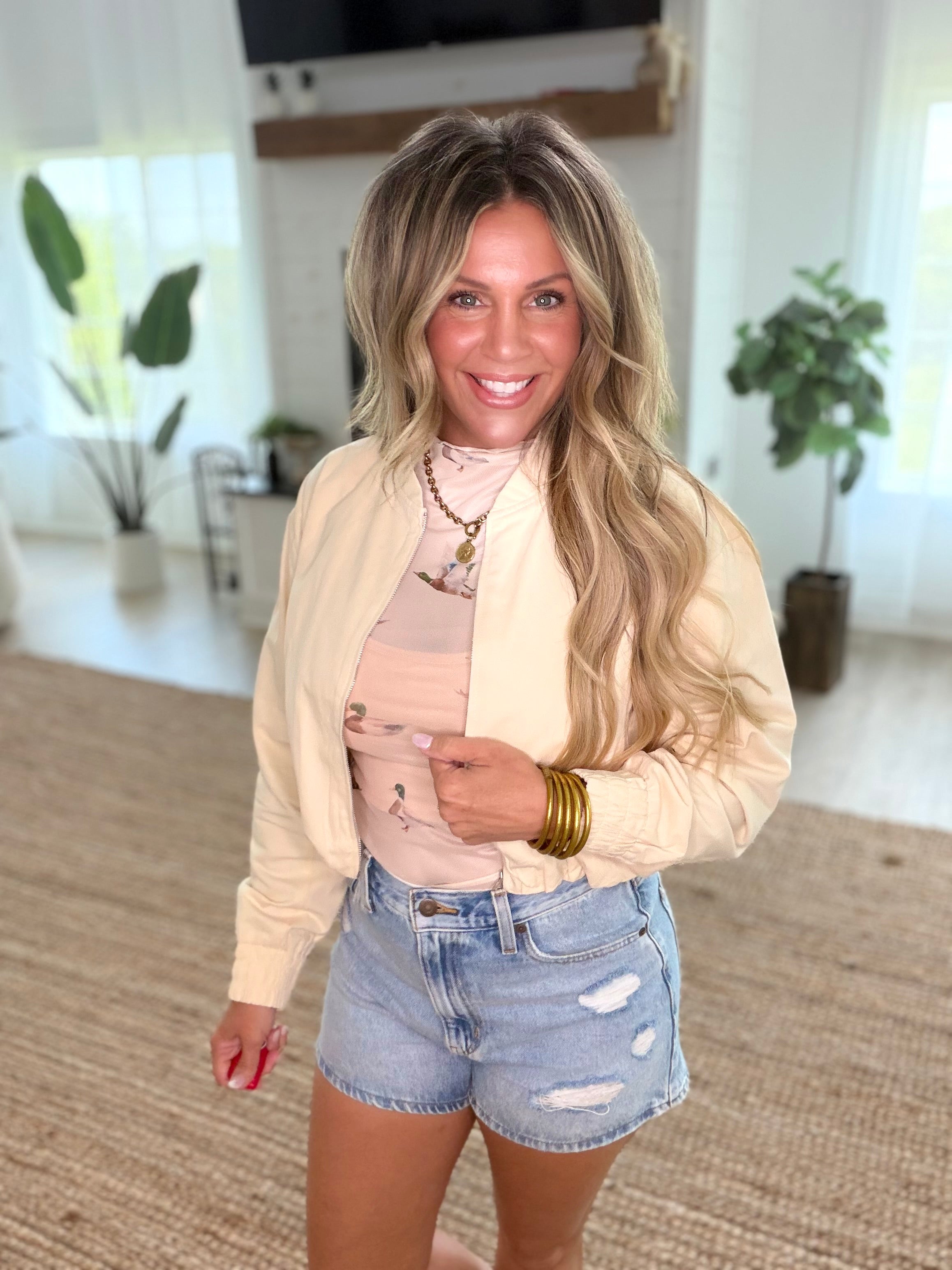 Cream Bubble Hem Bomber Jacket