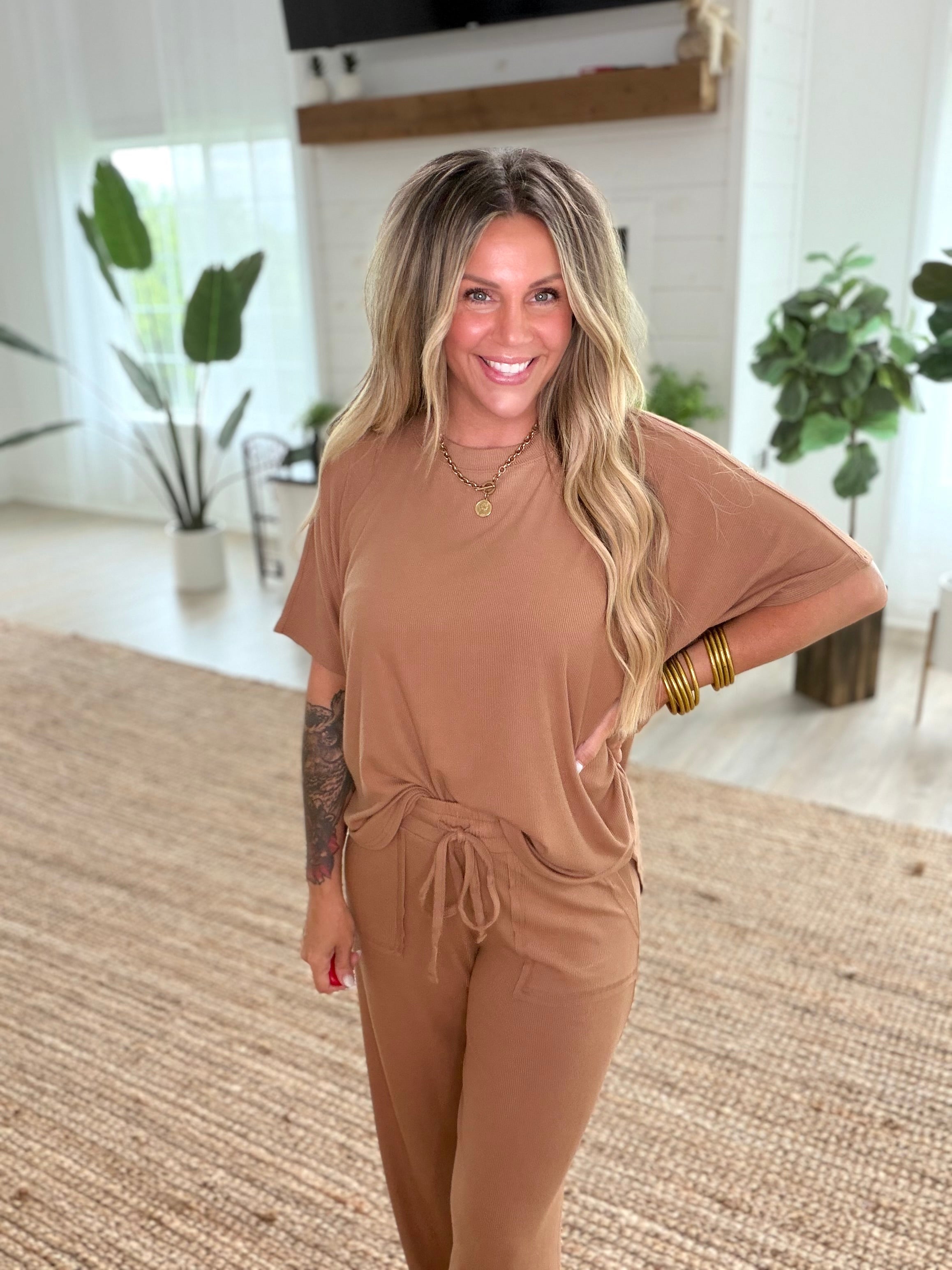 Deep Camel Ribbed Rayon Relaxed Fit Top & Pants Set