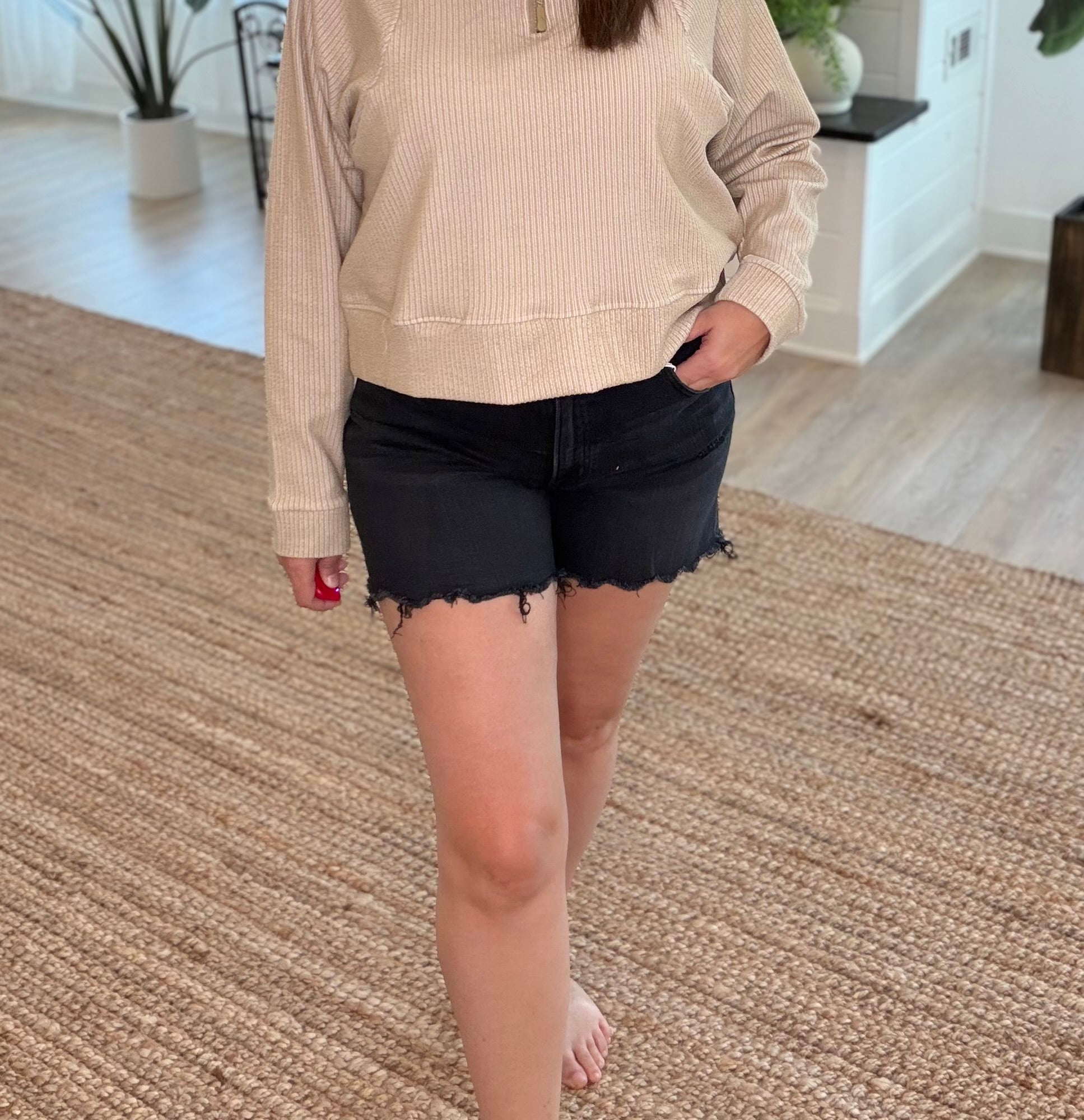 Vervet Black High Rise Uneven Distressed Hem Denim Shorts