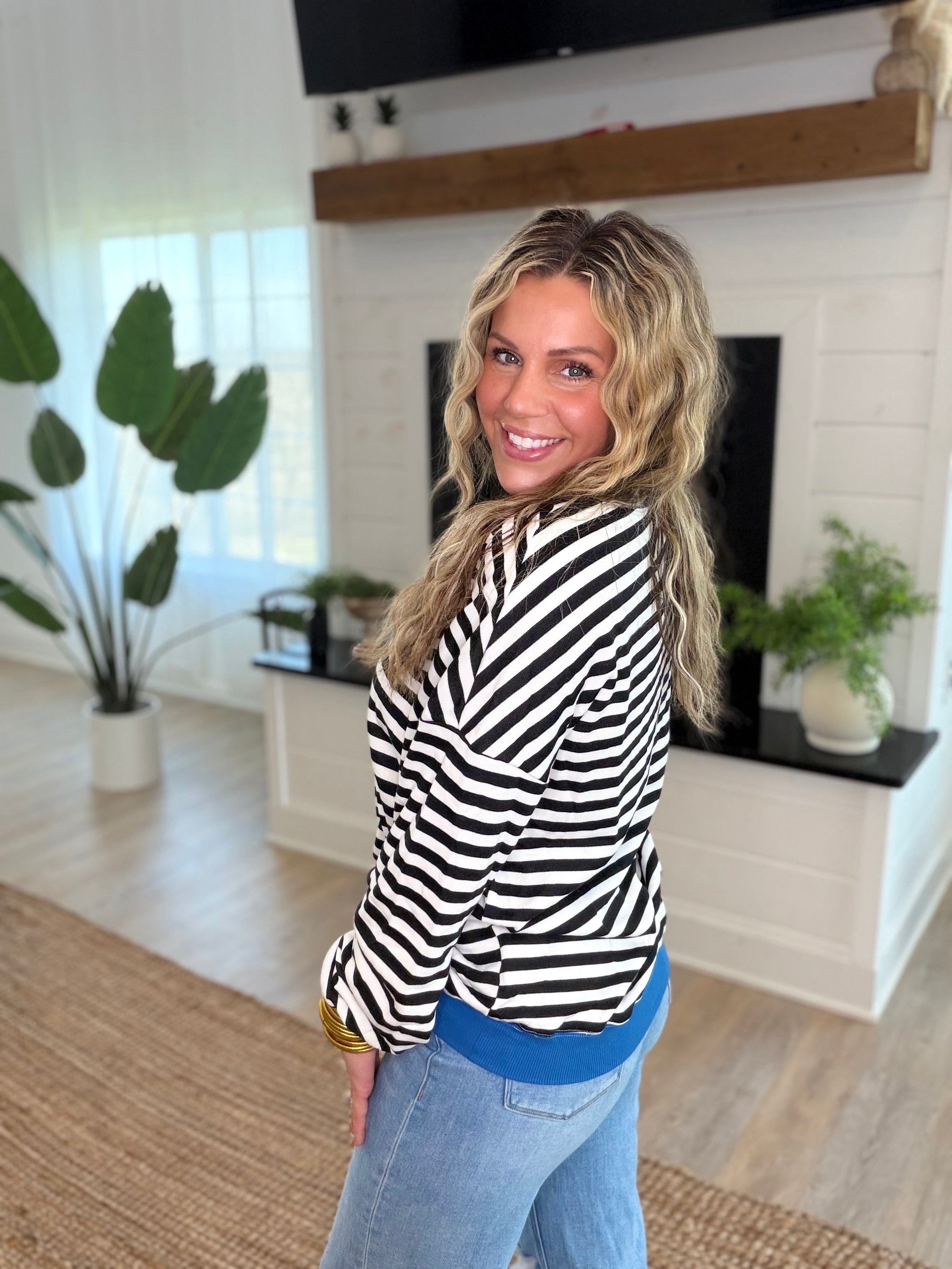 Striped Lightweight Sweatshirt with Blue Trim Detail