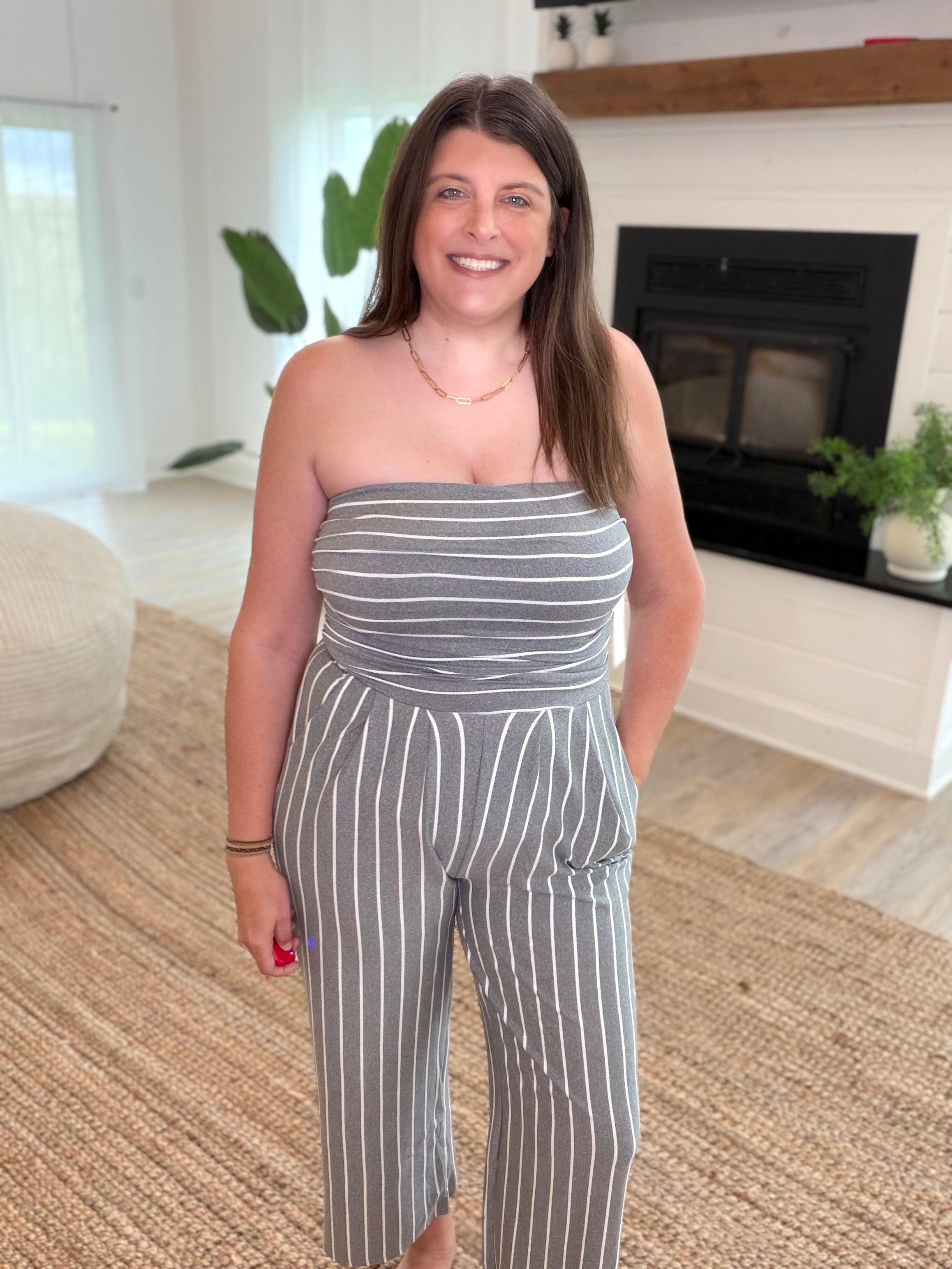 Heather Charcoal Grey and Soft White Stripe Tube Top Jumpsuit