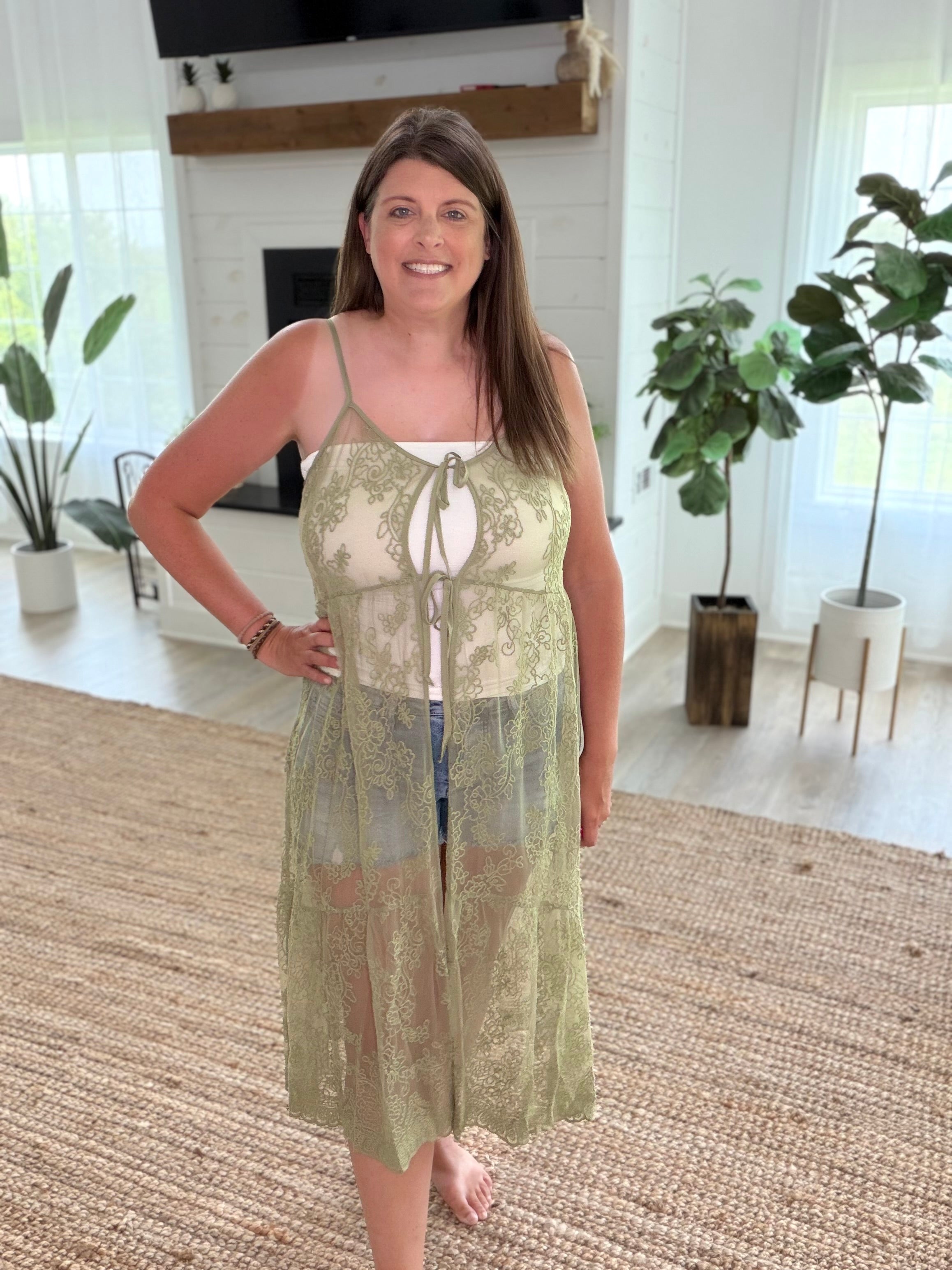 Light Olive Embroidered Lace Long Vest