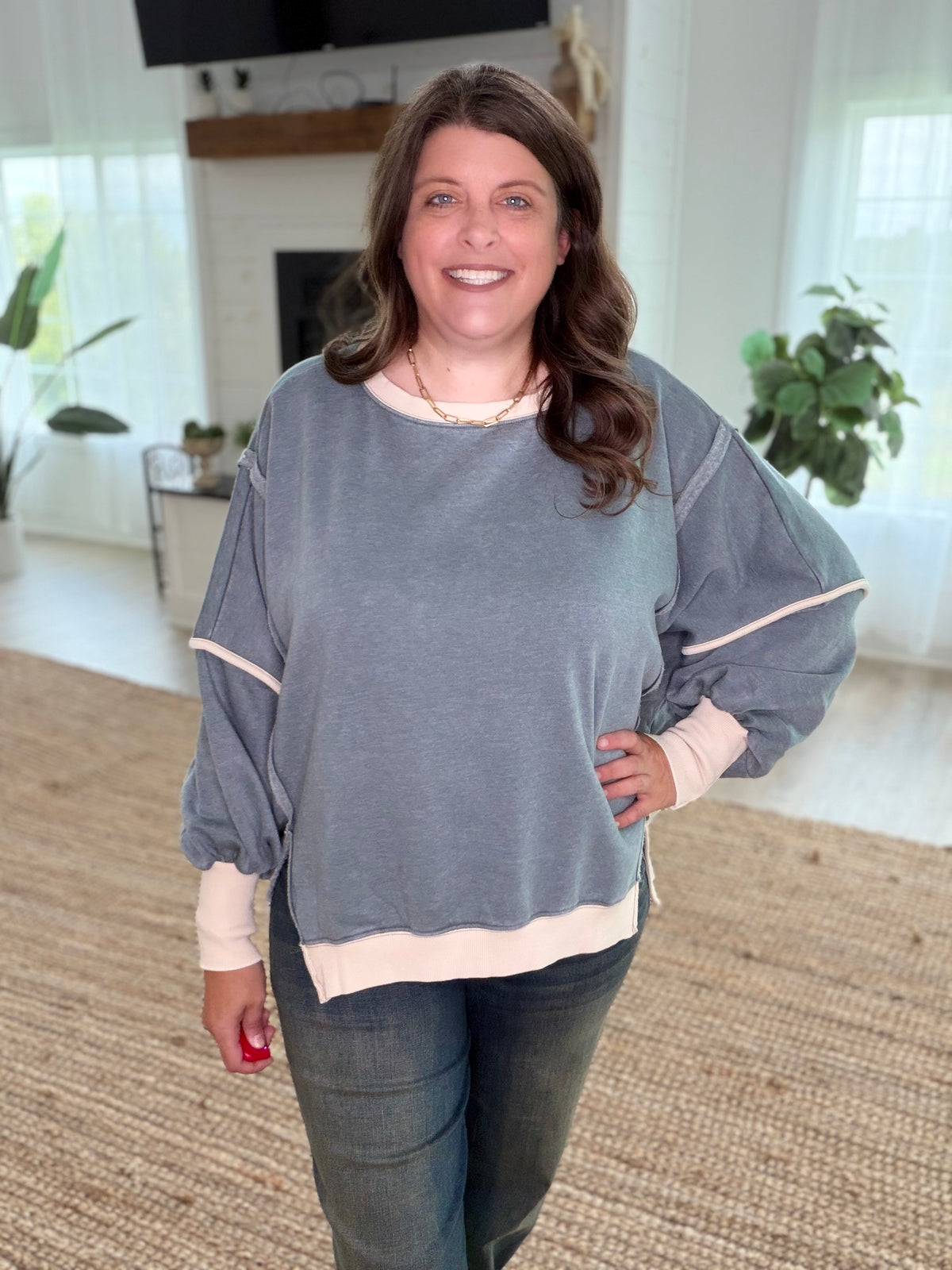 Ash Jade Fleece Acid Washed Contrast Trim Balloon Sleeve Sweatshirt