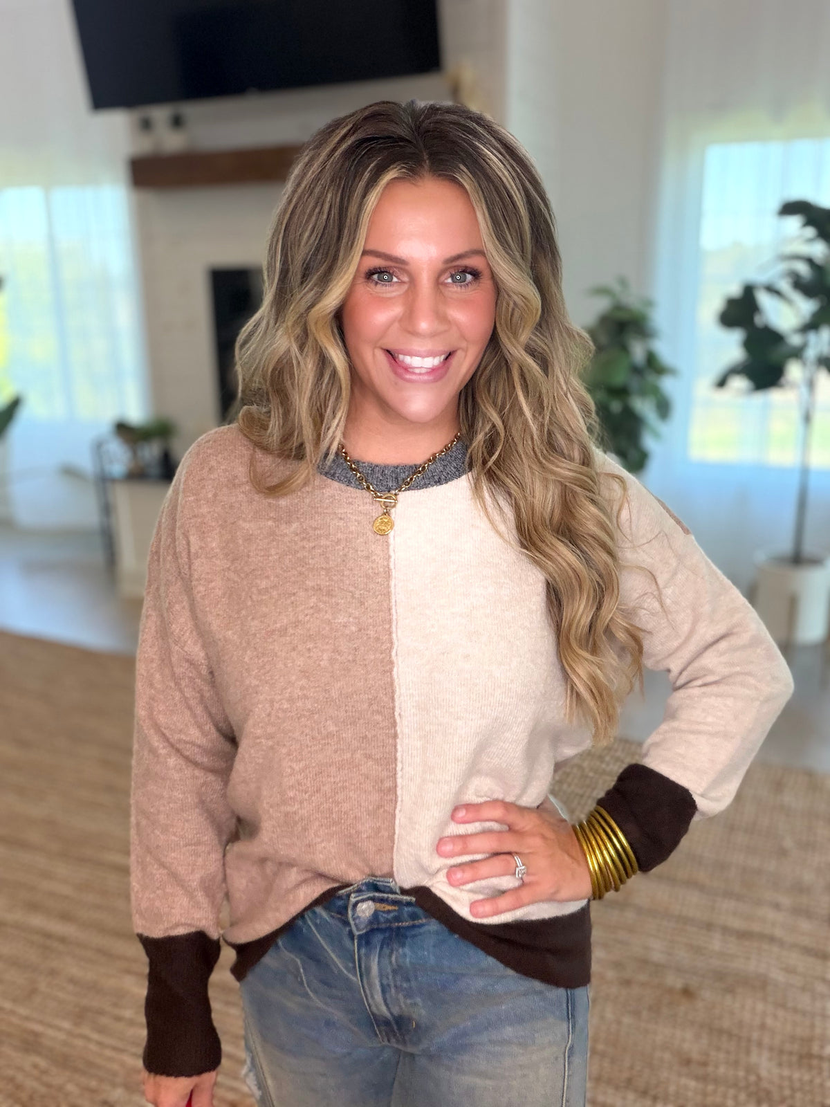Brown Colorblock Crew Neck Sweater