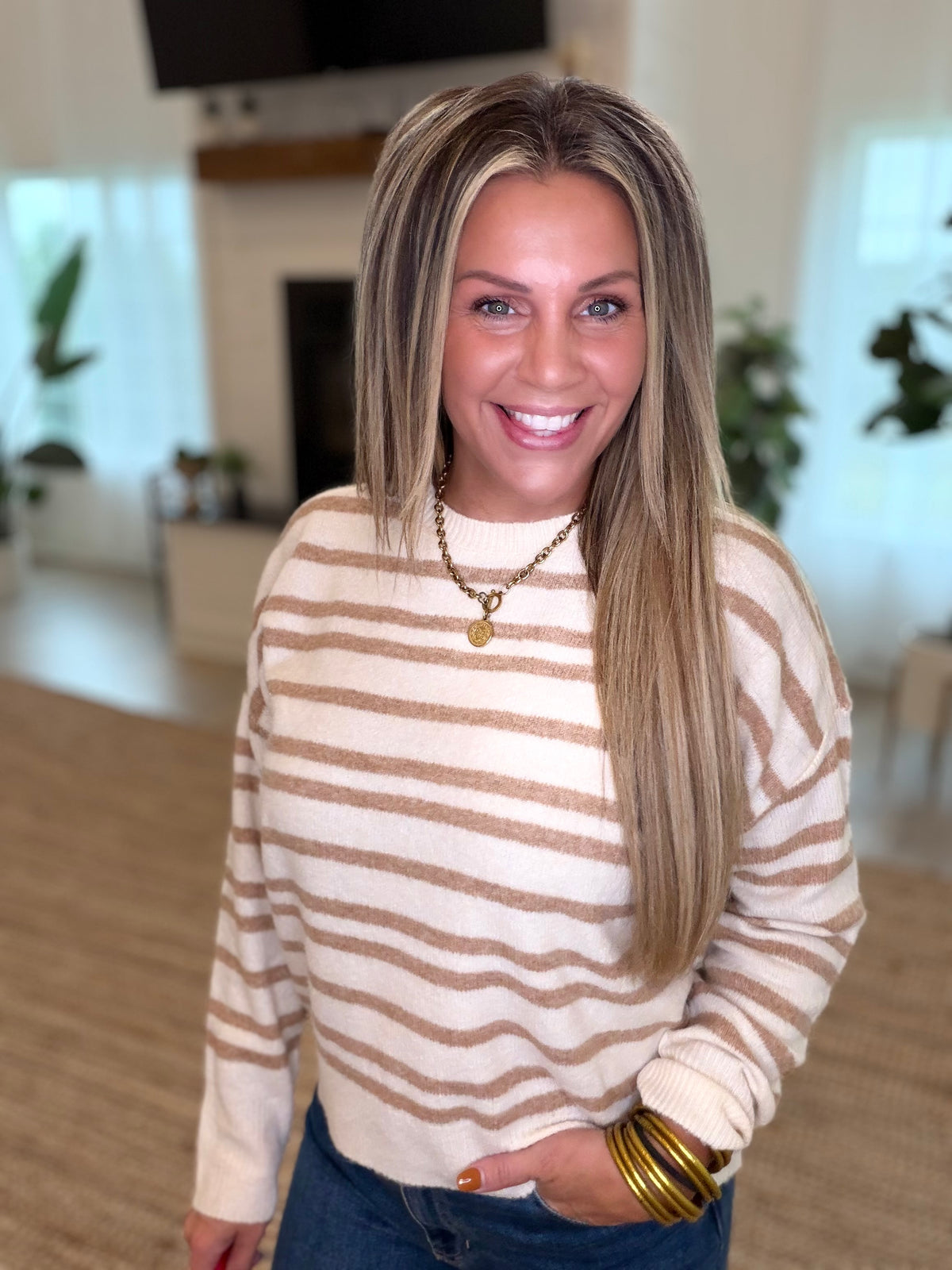 Taupe Striped Crew Neck Sweater
