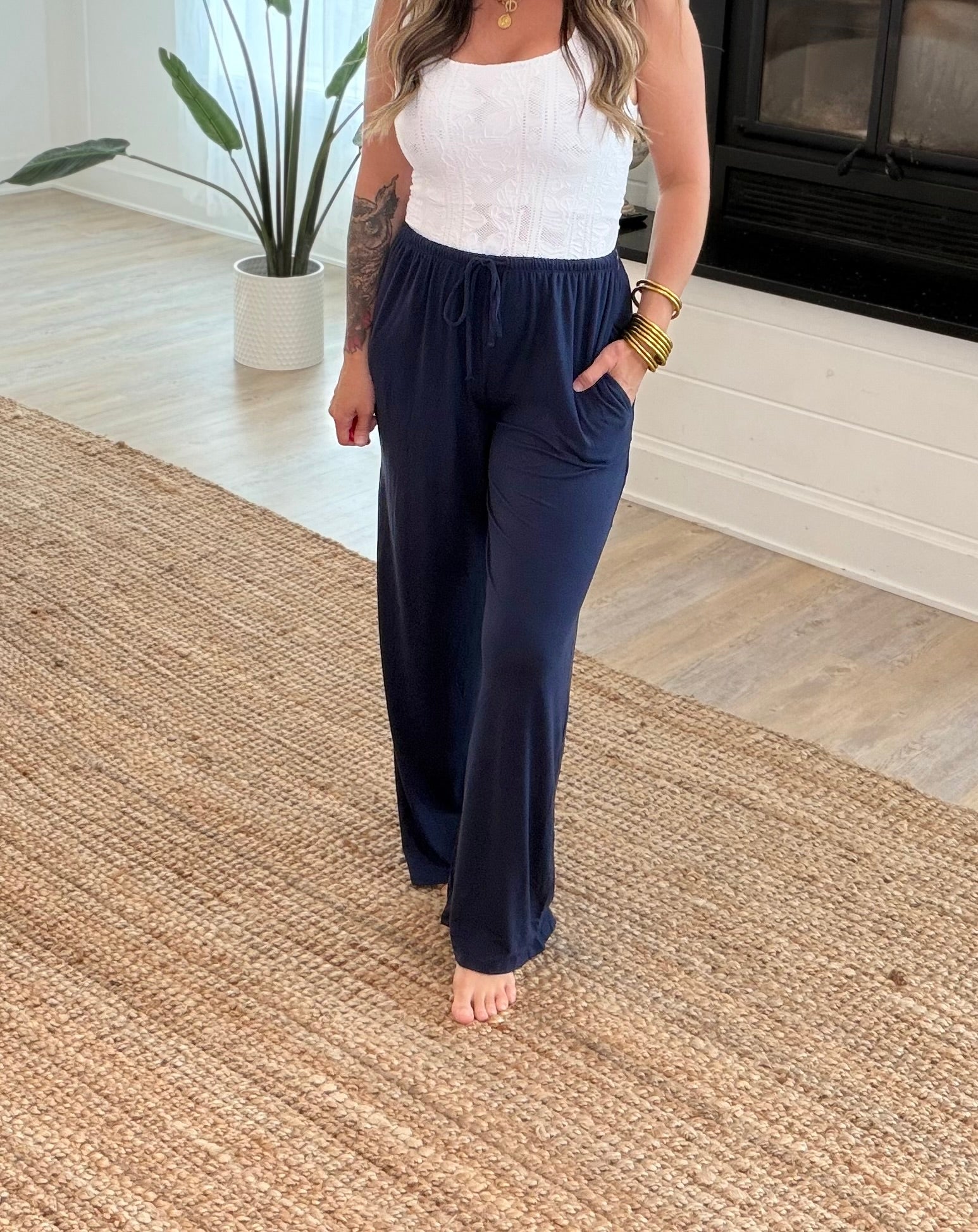 Navy Wide Leg Drawstring Pants