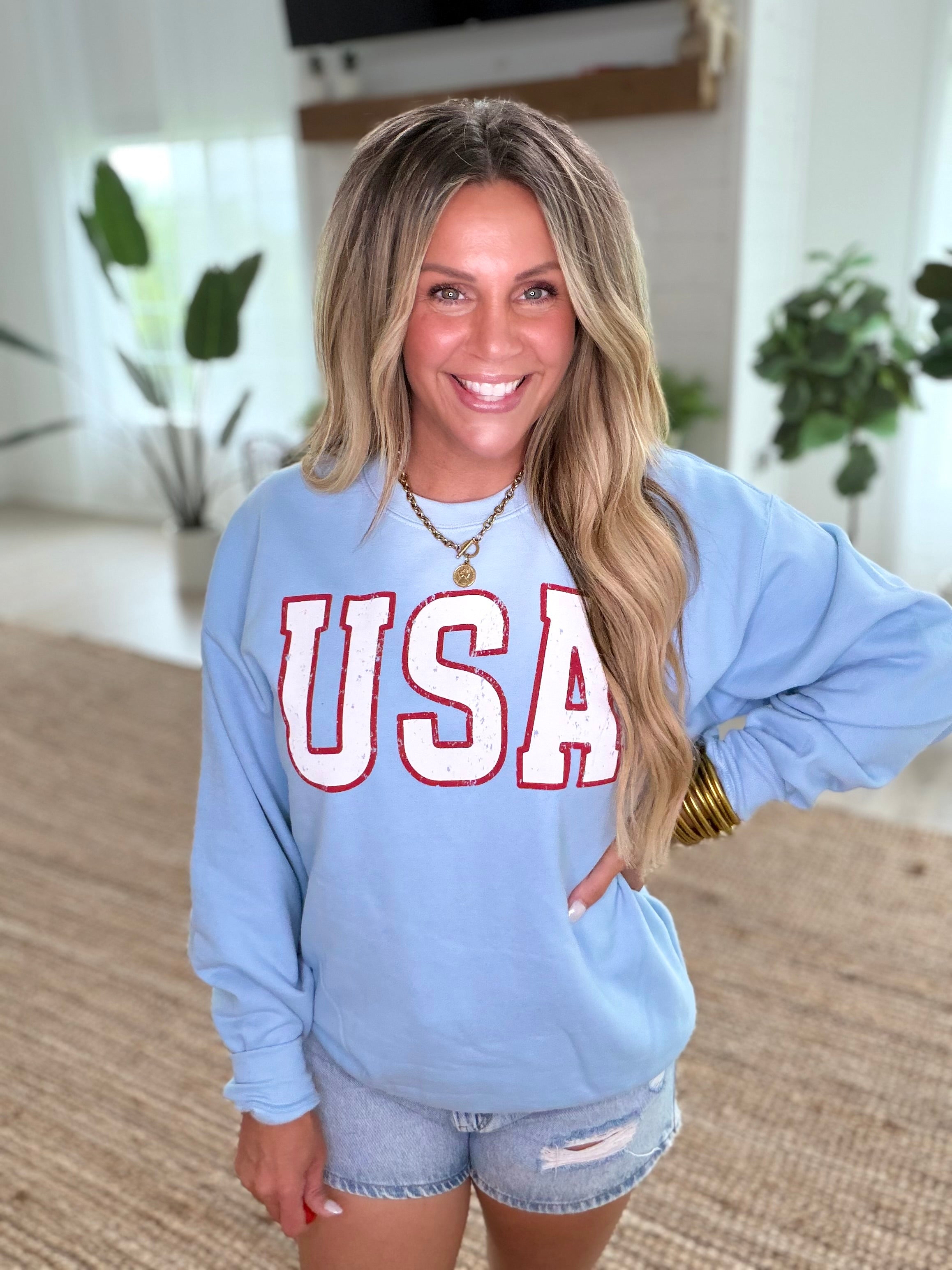 USA Light Blue Vintage Patriotic Graphic Sweatshirt