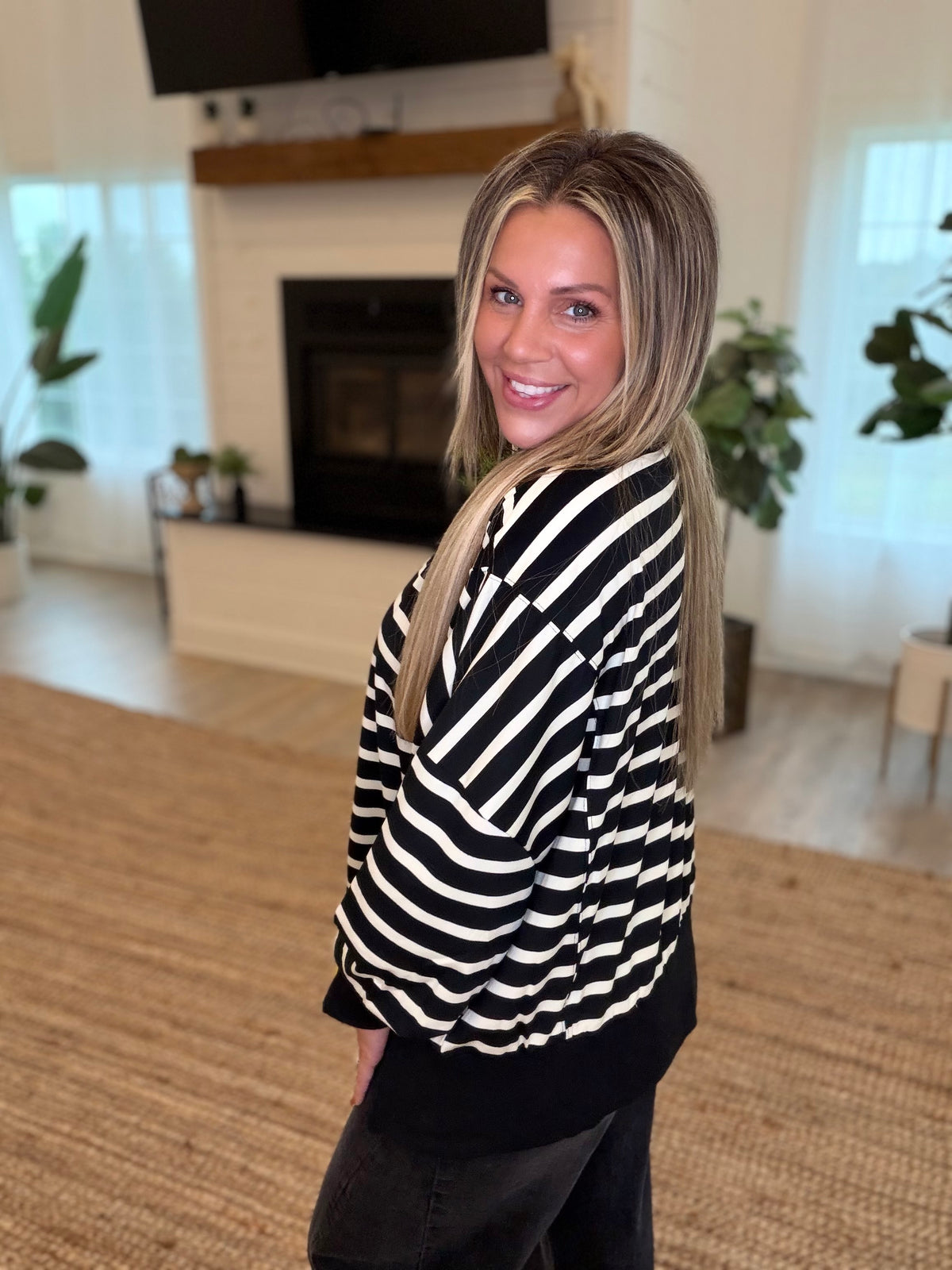 Black and Cream Striped Mock Neck Top