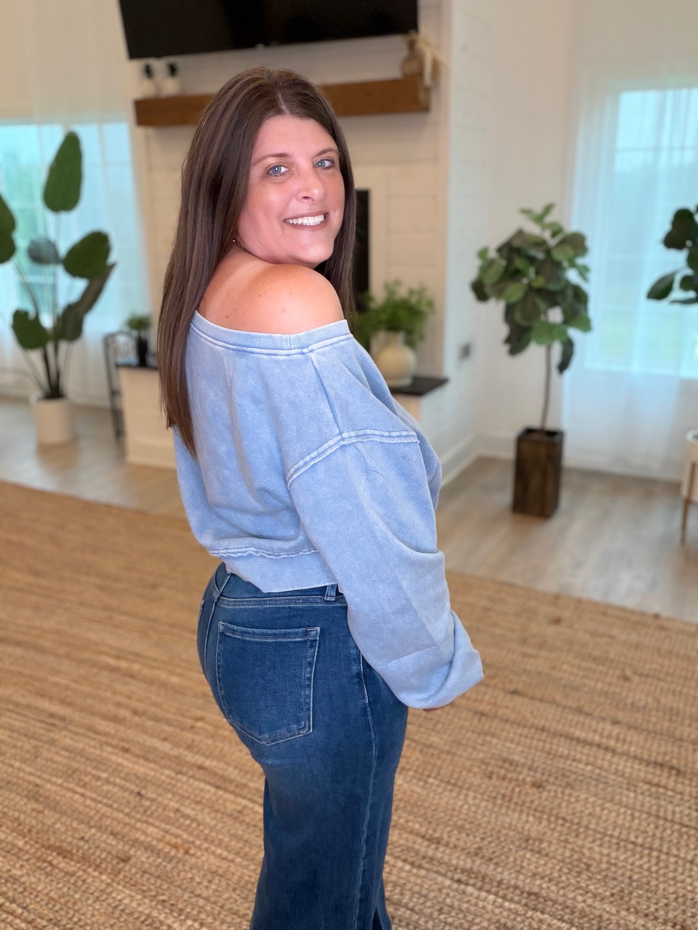 Dusty Blue Raw Edge Acid Wash Off The Shoulder Sweatshirt