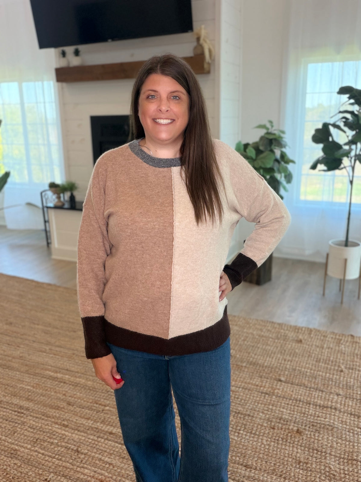 Brown Colorblock Crew Neck Sweater