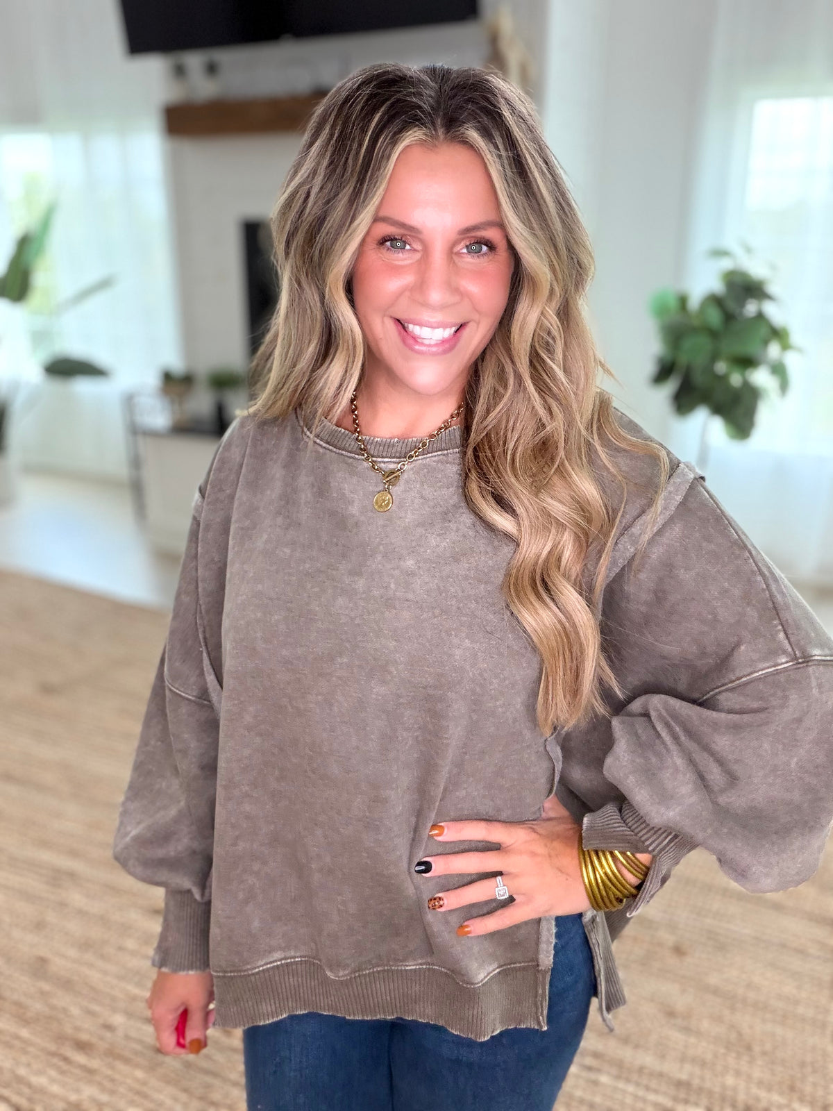 Dark Olive Acid Washed Batwing Sleeve Hi-Low Fleece Sweatshirt
