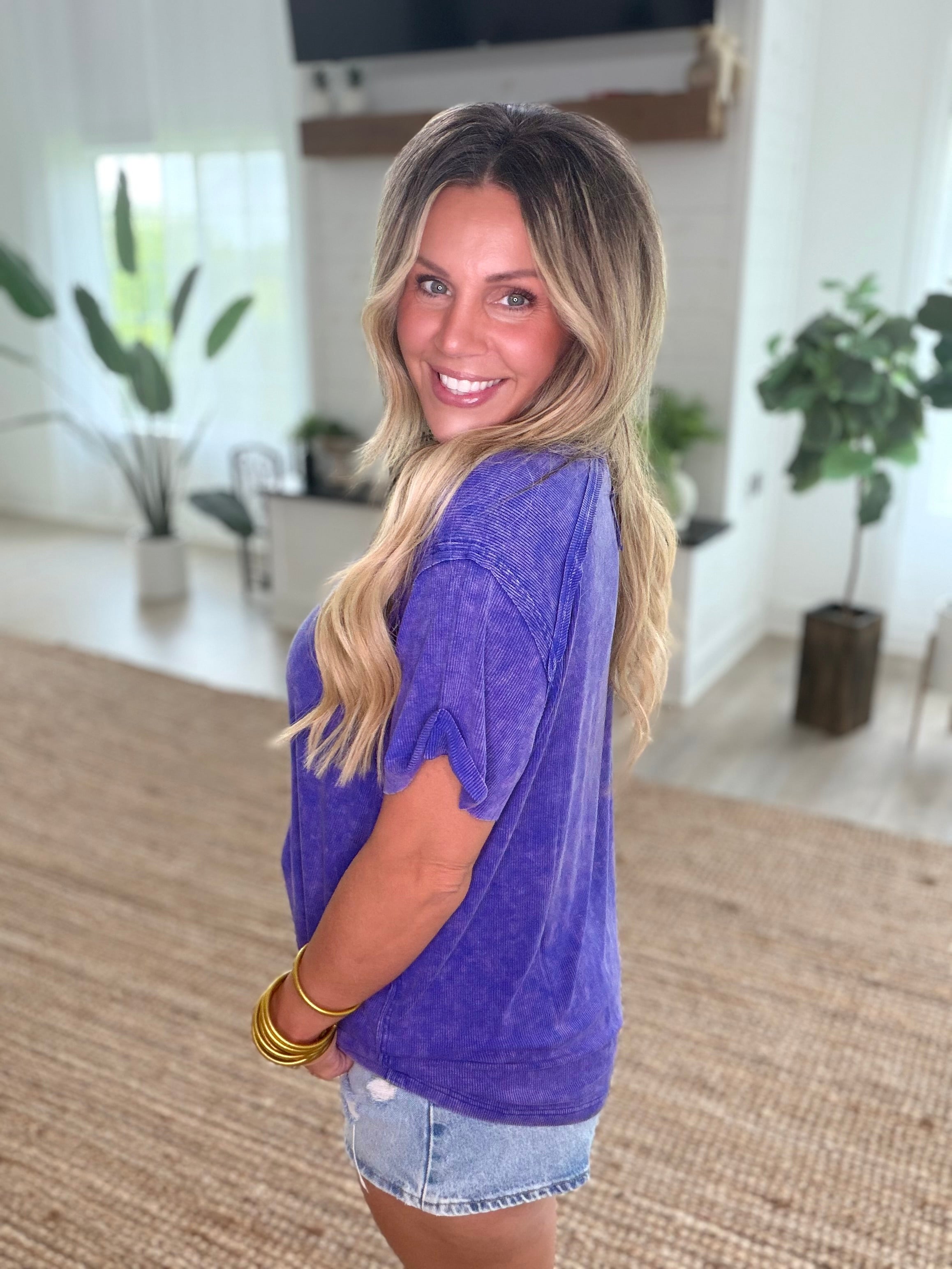 Purple Ribbed Short Sleeve Boat-Neck Top