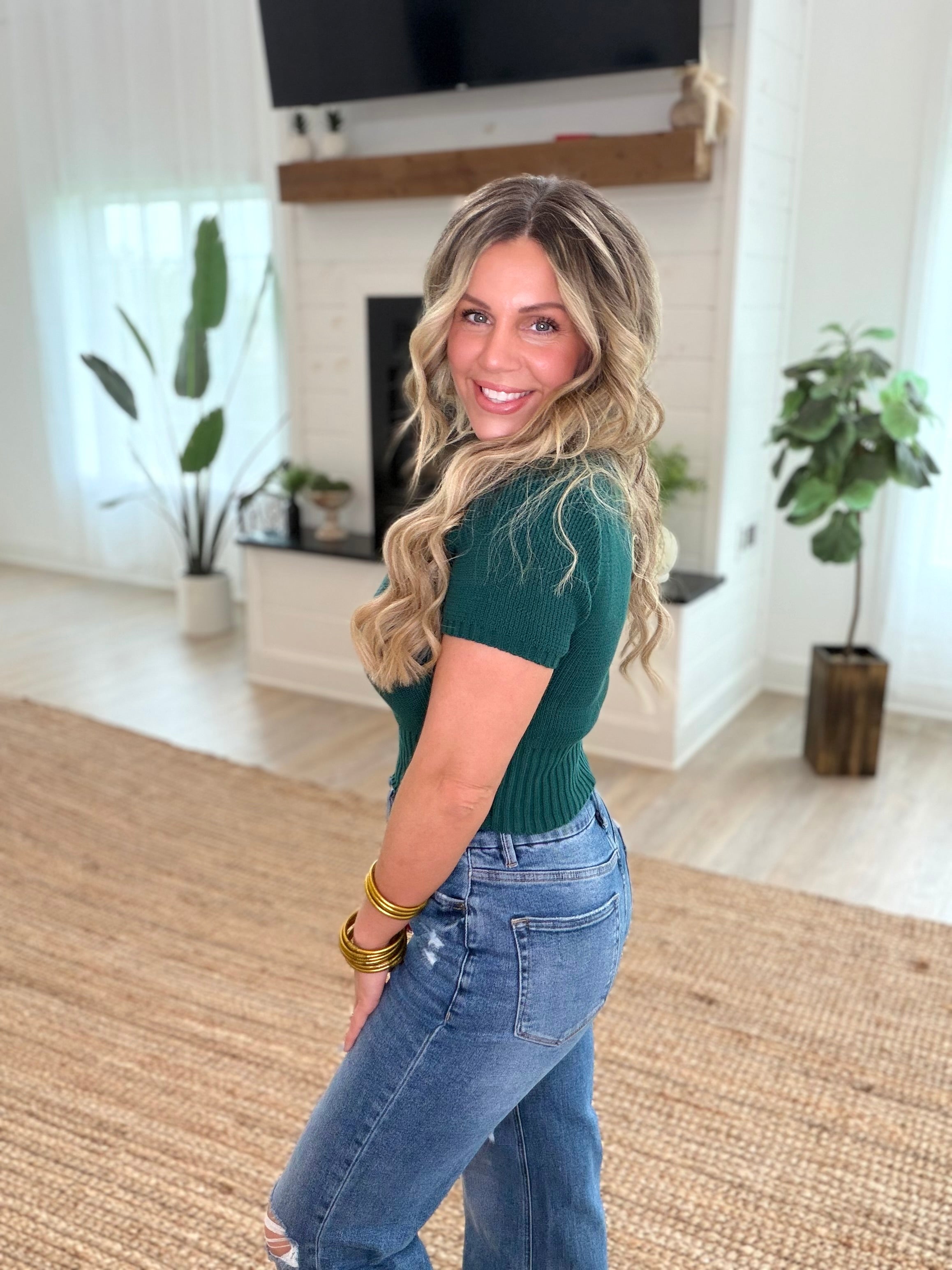 Pine Green Scoop Neck Short Sleeve Knit Top