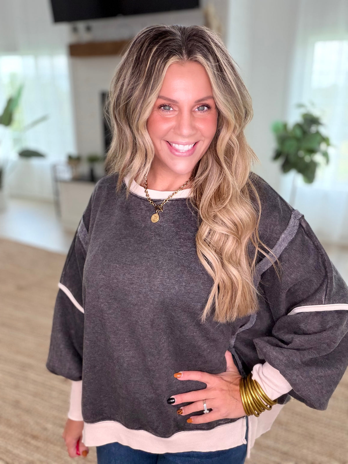 Black Fleece Acid Washed Contrast Trim Balloon Sleeve Sweatshirt