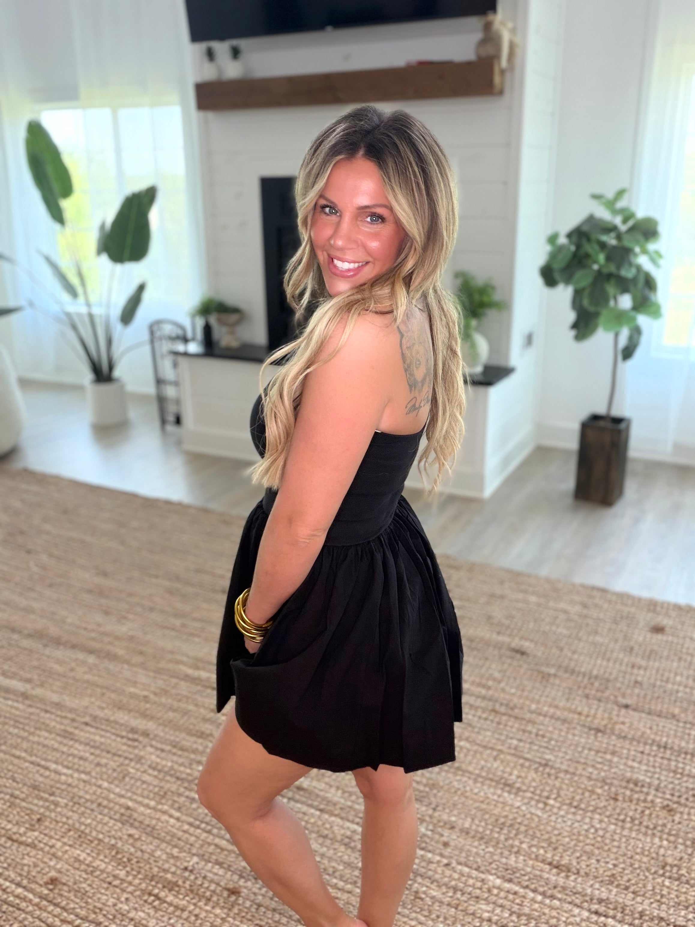 Black Strapless Flowy Mini Dress