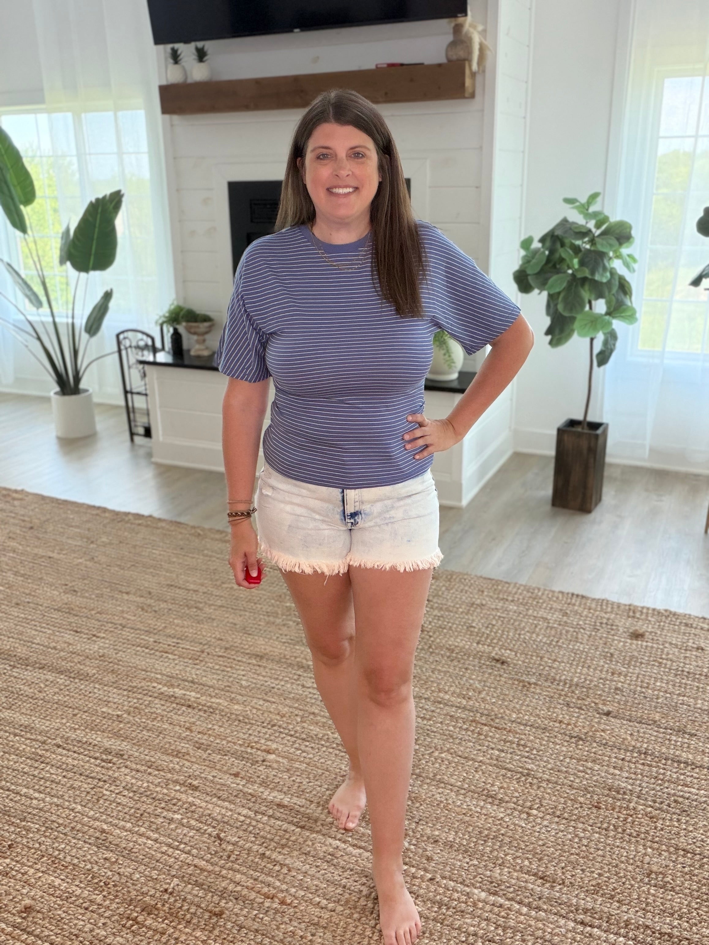 Dusty Blue and White Short Dolman Sleeve Striped Knit Top