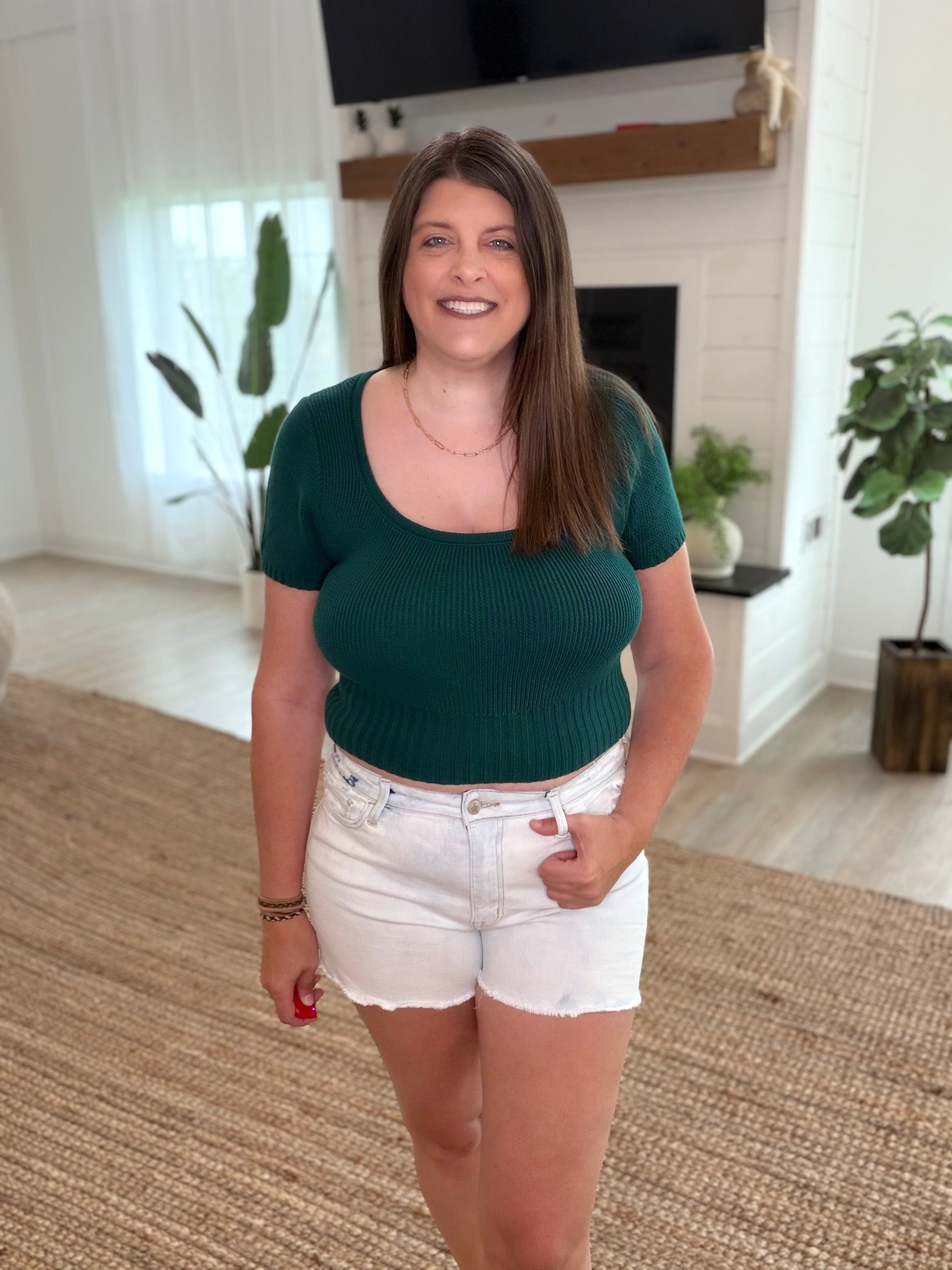 Pine Green Scoop Neck Short Sleeve Knit Top