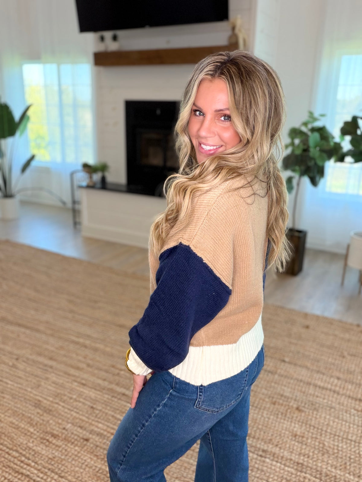 Navy Color Block Mock Neck Sweater