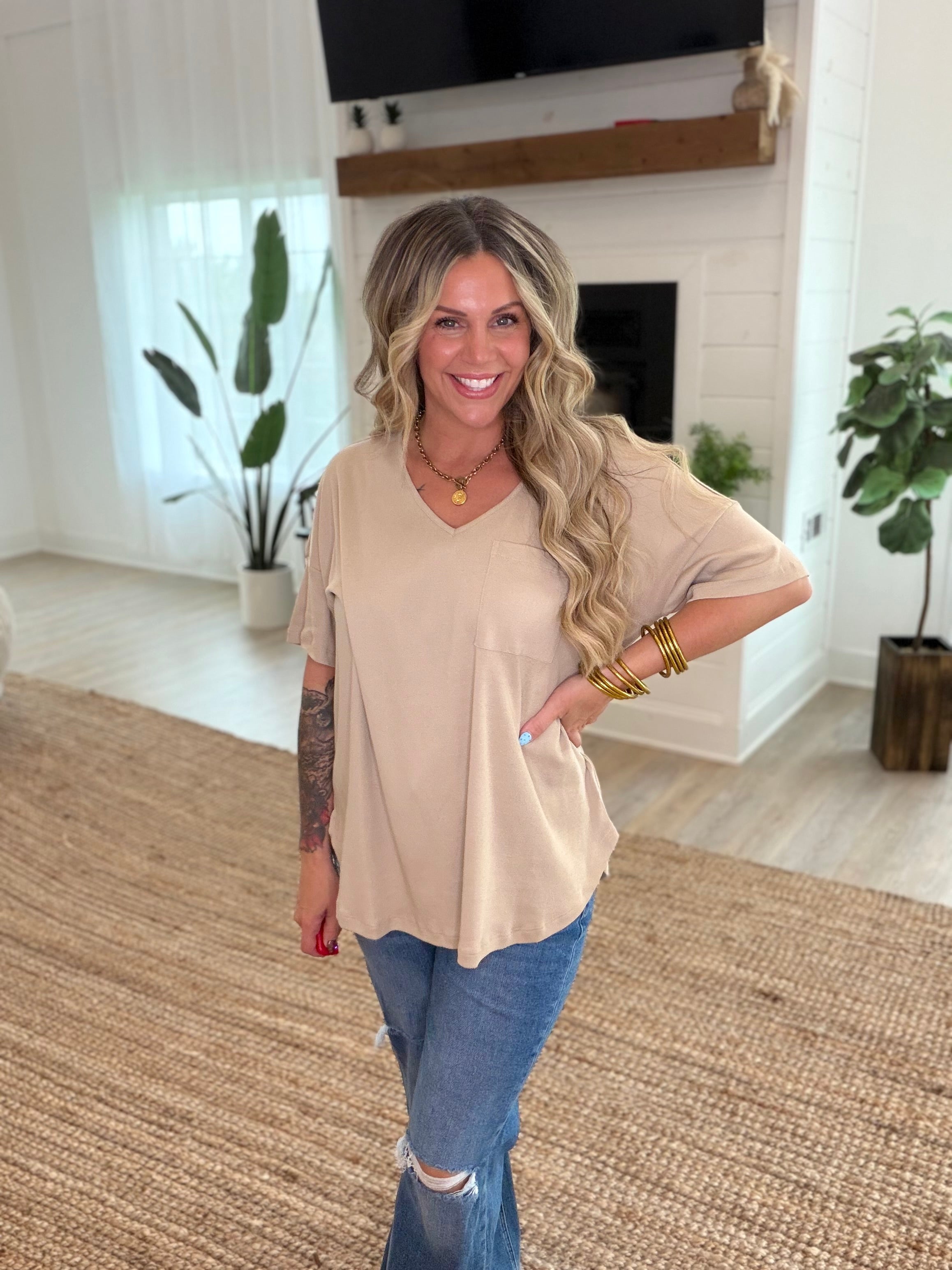 Khaki Oversized V-Neck Top