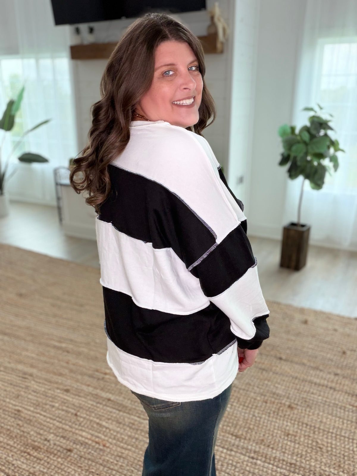 Black French Terry Color Block Exposed Seam Top