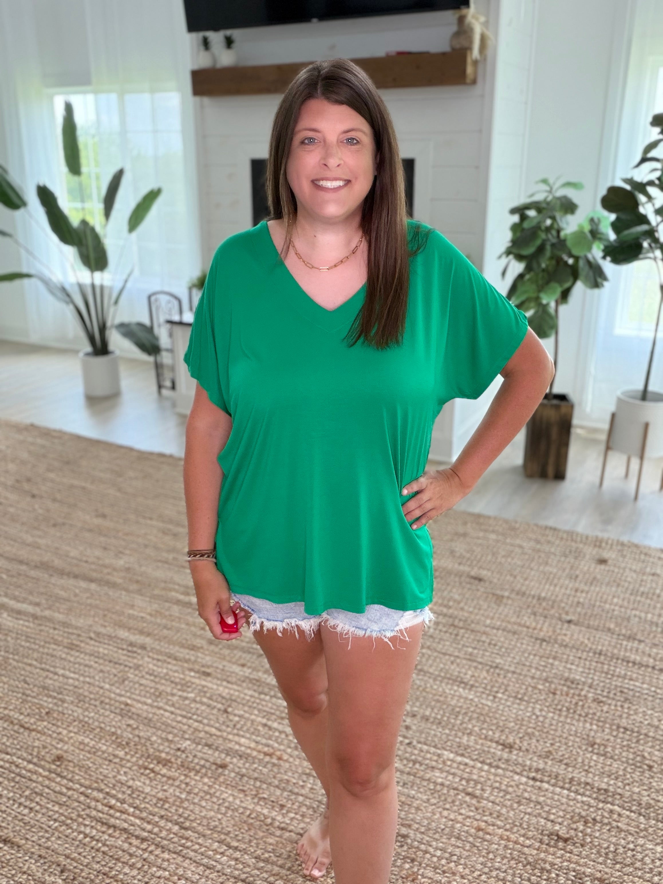 Kelly Green Short Sleeve V-Neck Oversized Top