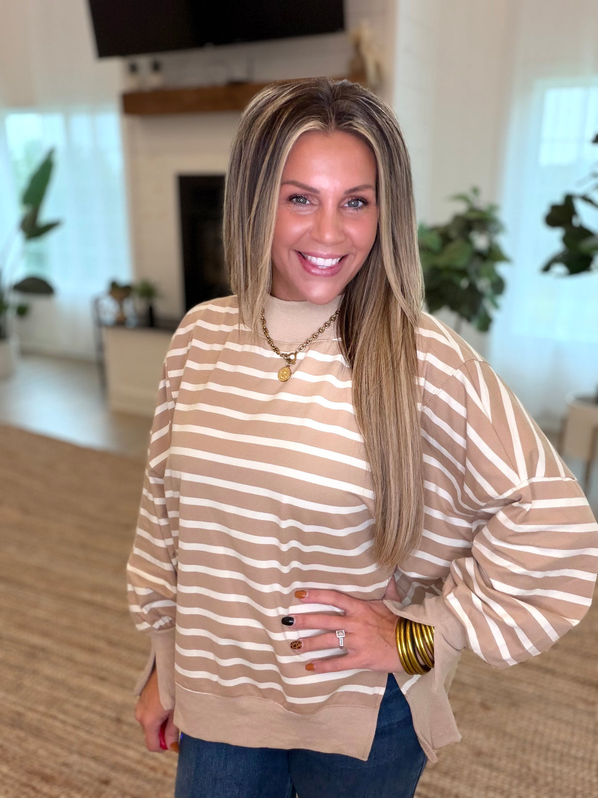 Taupe and Cream Striped Mock Neck Top