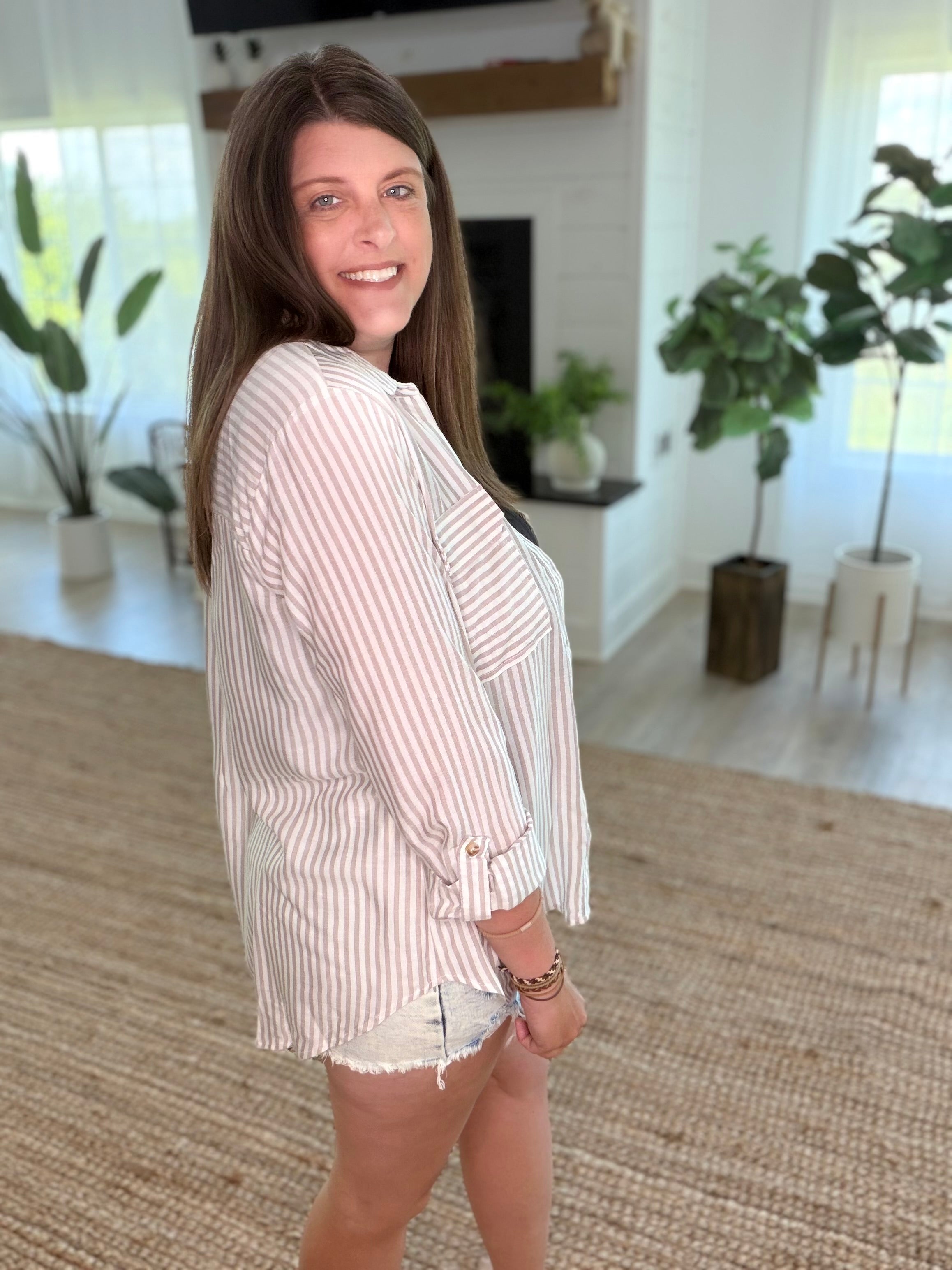 Light Mocha Stripe Collard Button Down Lightweight Shirt