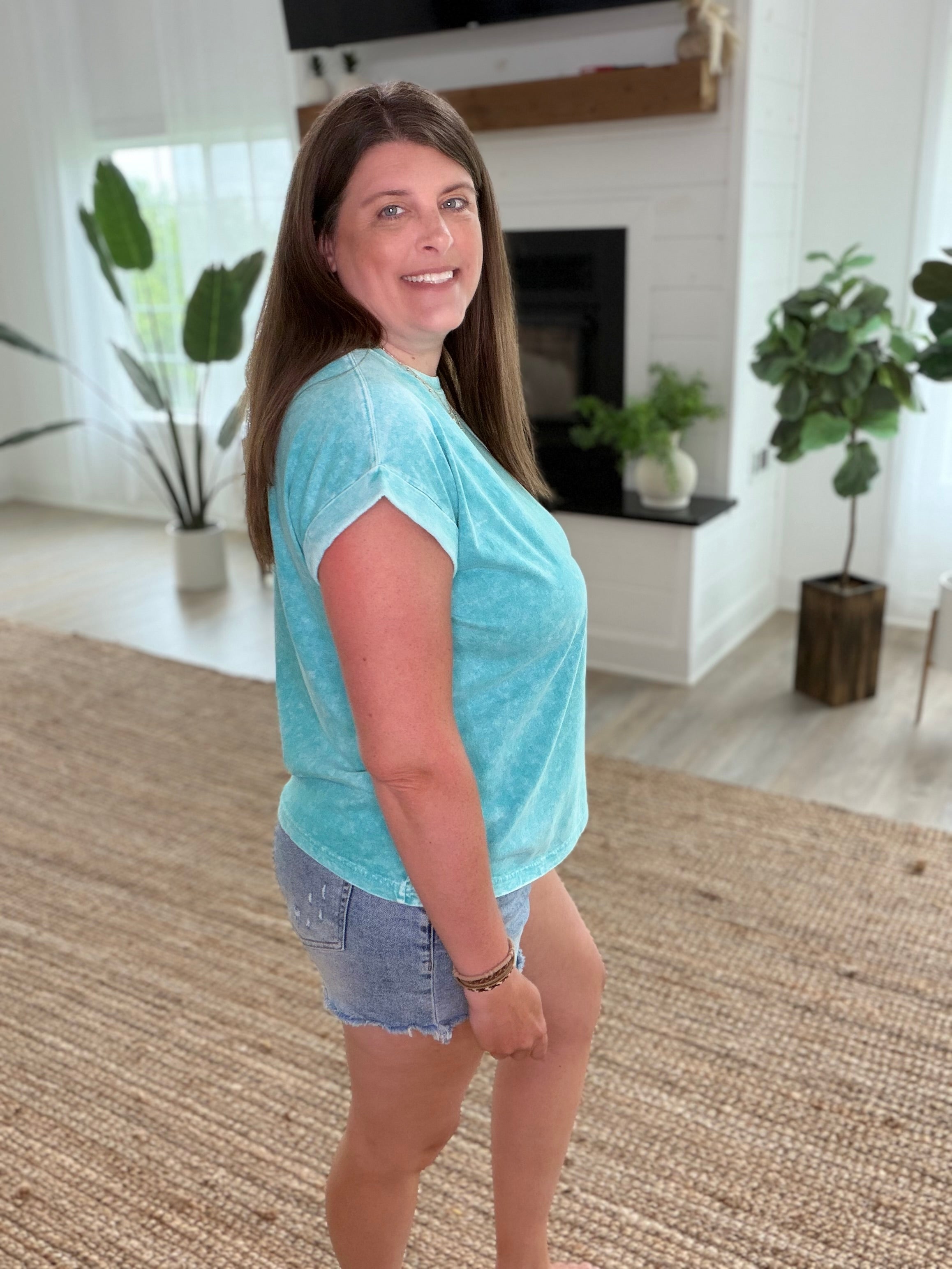 Turquoise Halo Washed Cuffed Short Sleeve Tee