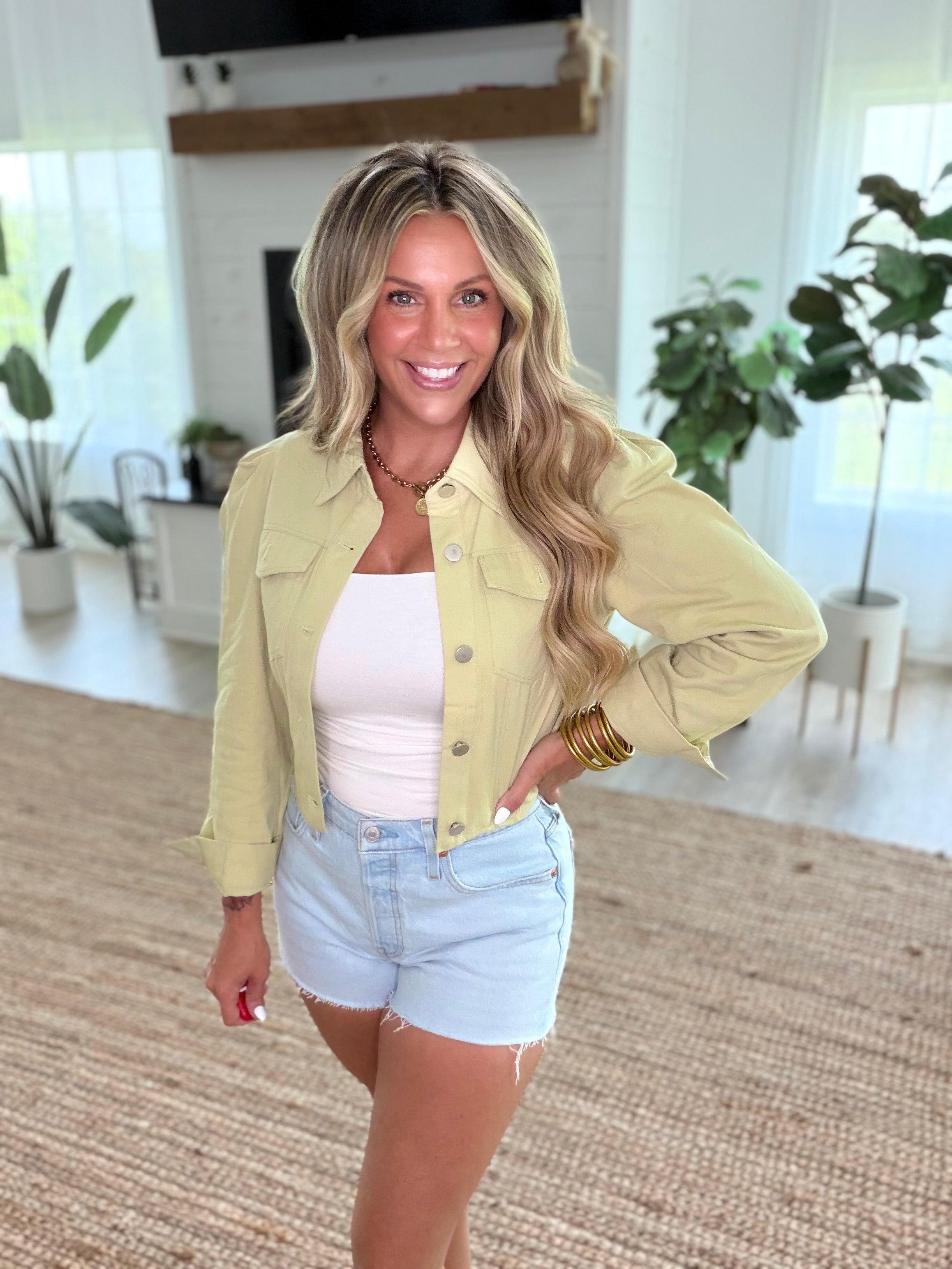 Light Sage Lightweight Twill Puff-Sleeve Cropped Jacket