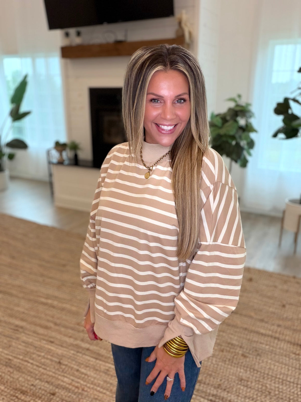 Taupe and Cream Striped Mock Neck Top