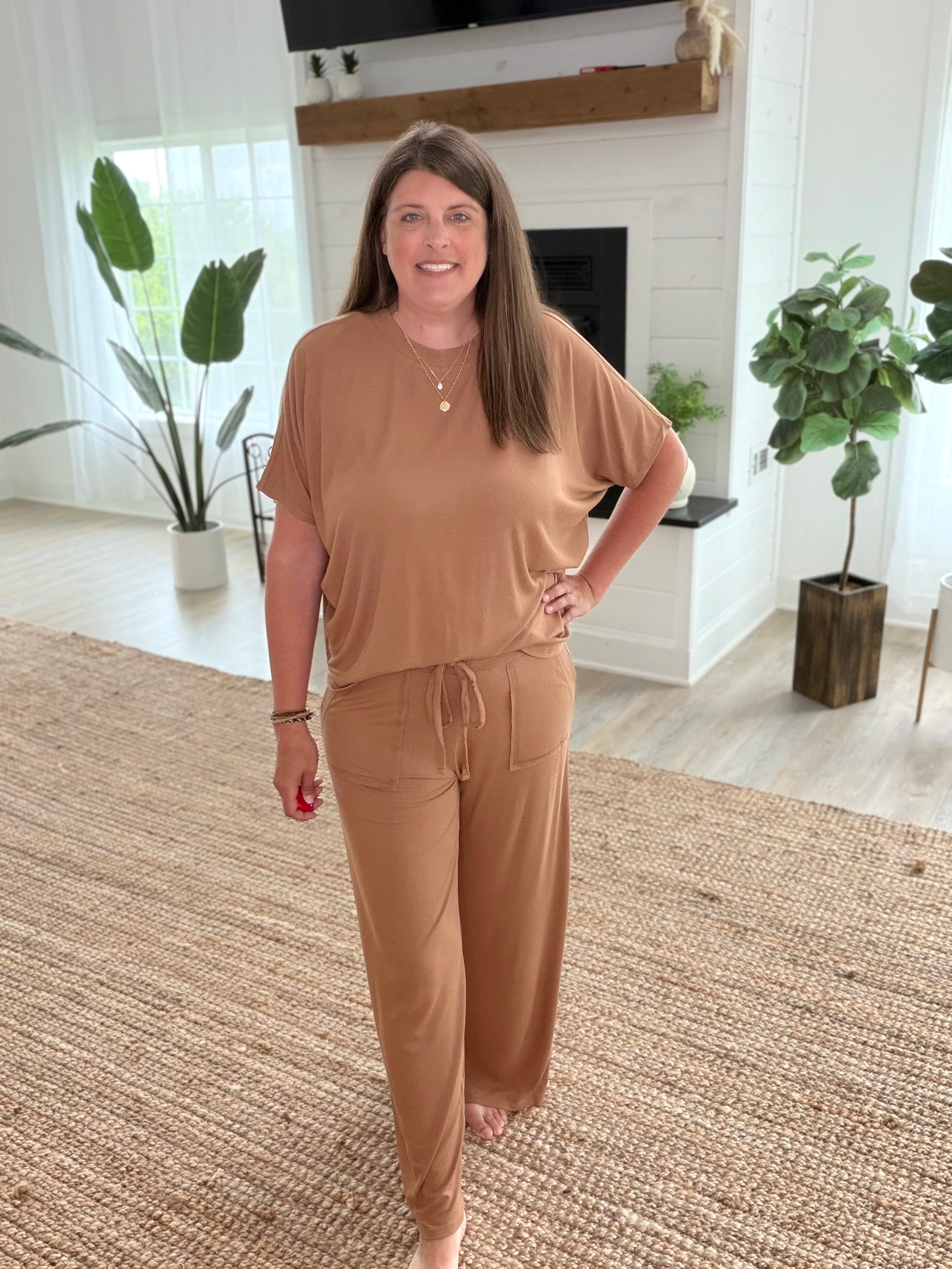 Deep Camel Ribbed Rayon Relaxed Fit Top & Pants Set