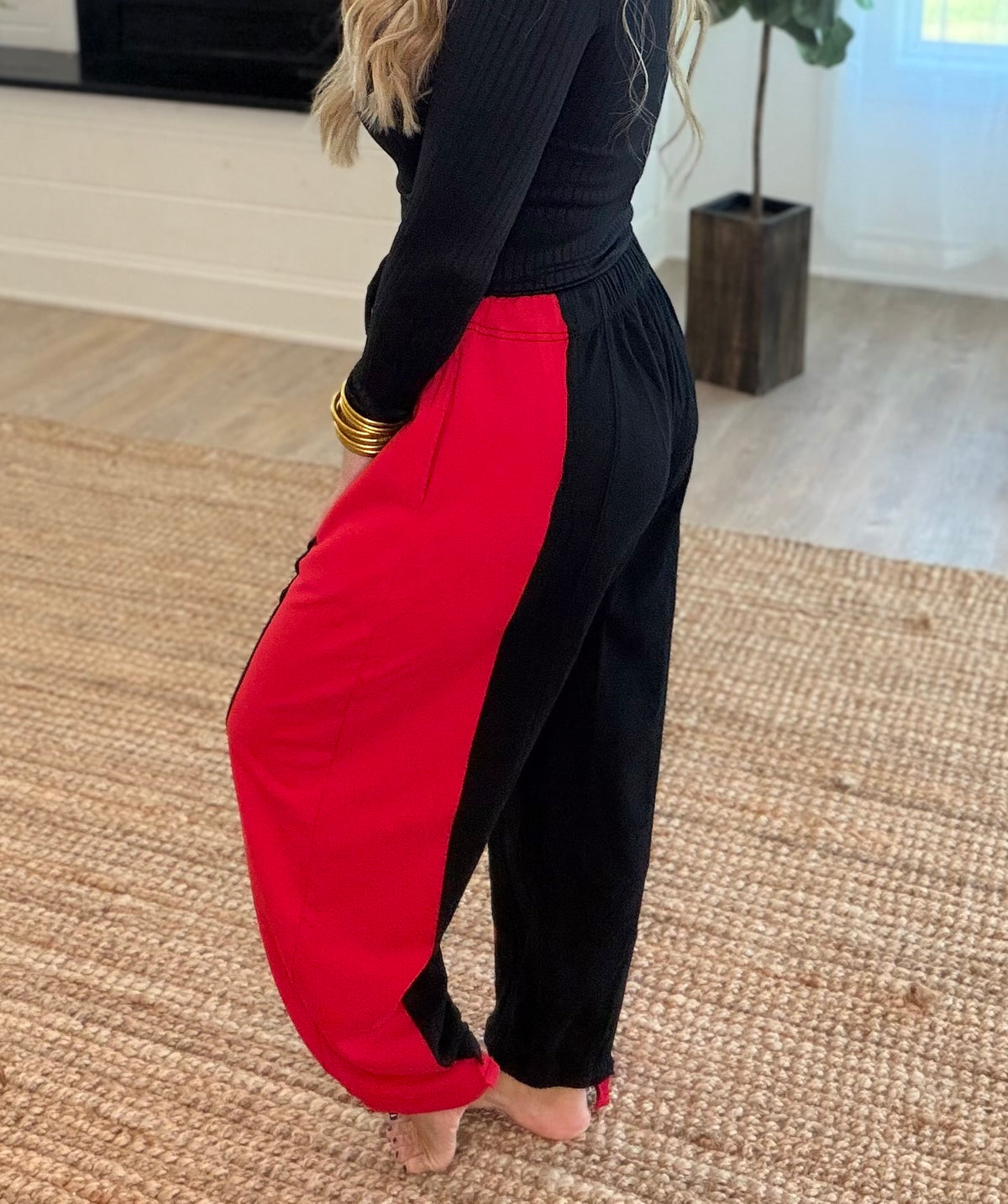 Red and Black Two Tone Spliced Barrel Leg Jogger Pants