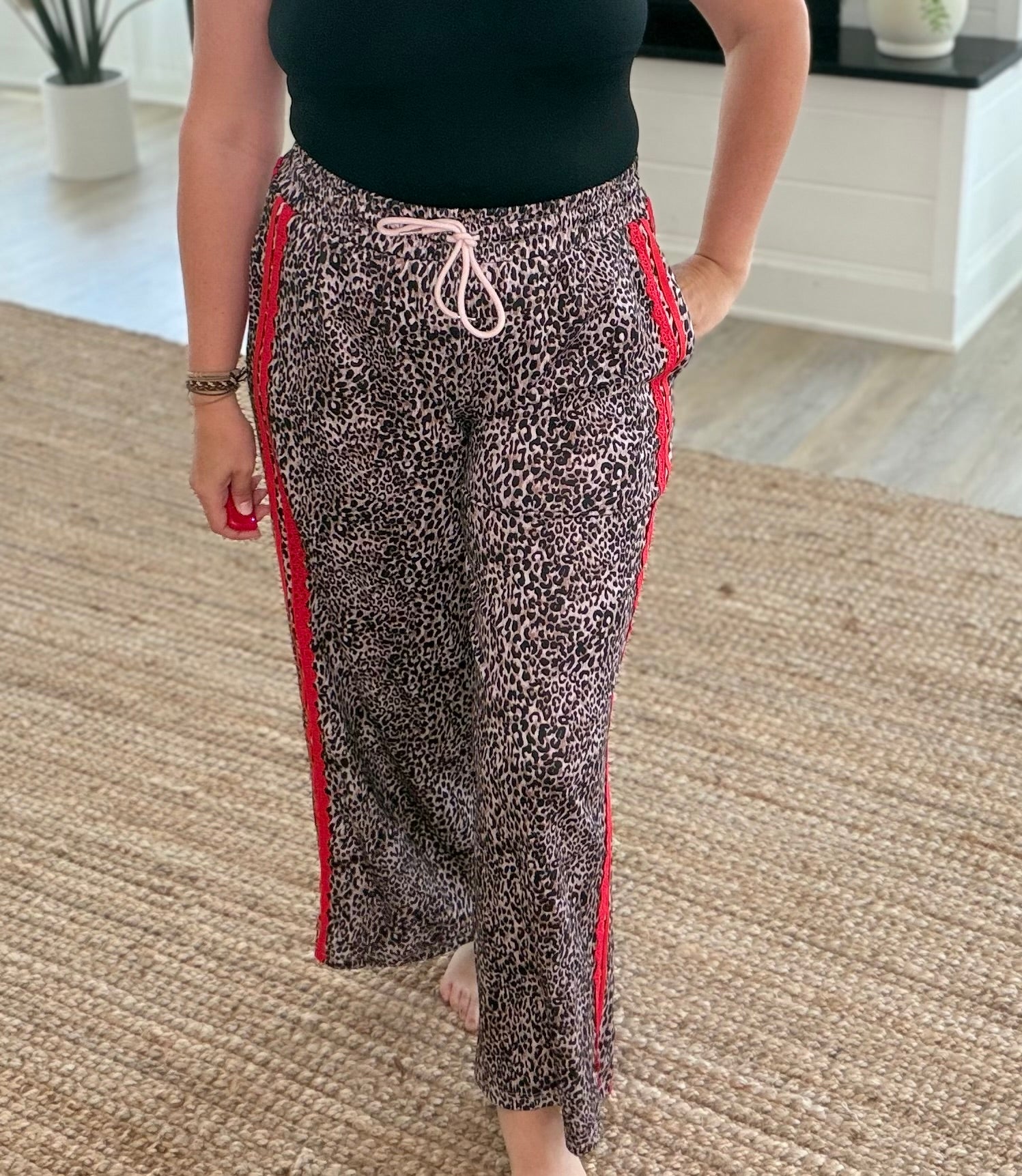 Leopard Print Contrast Lace Striped Drawstring Pants
