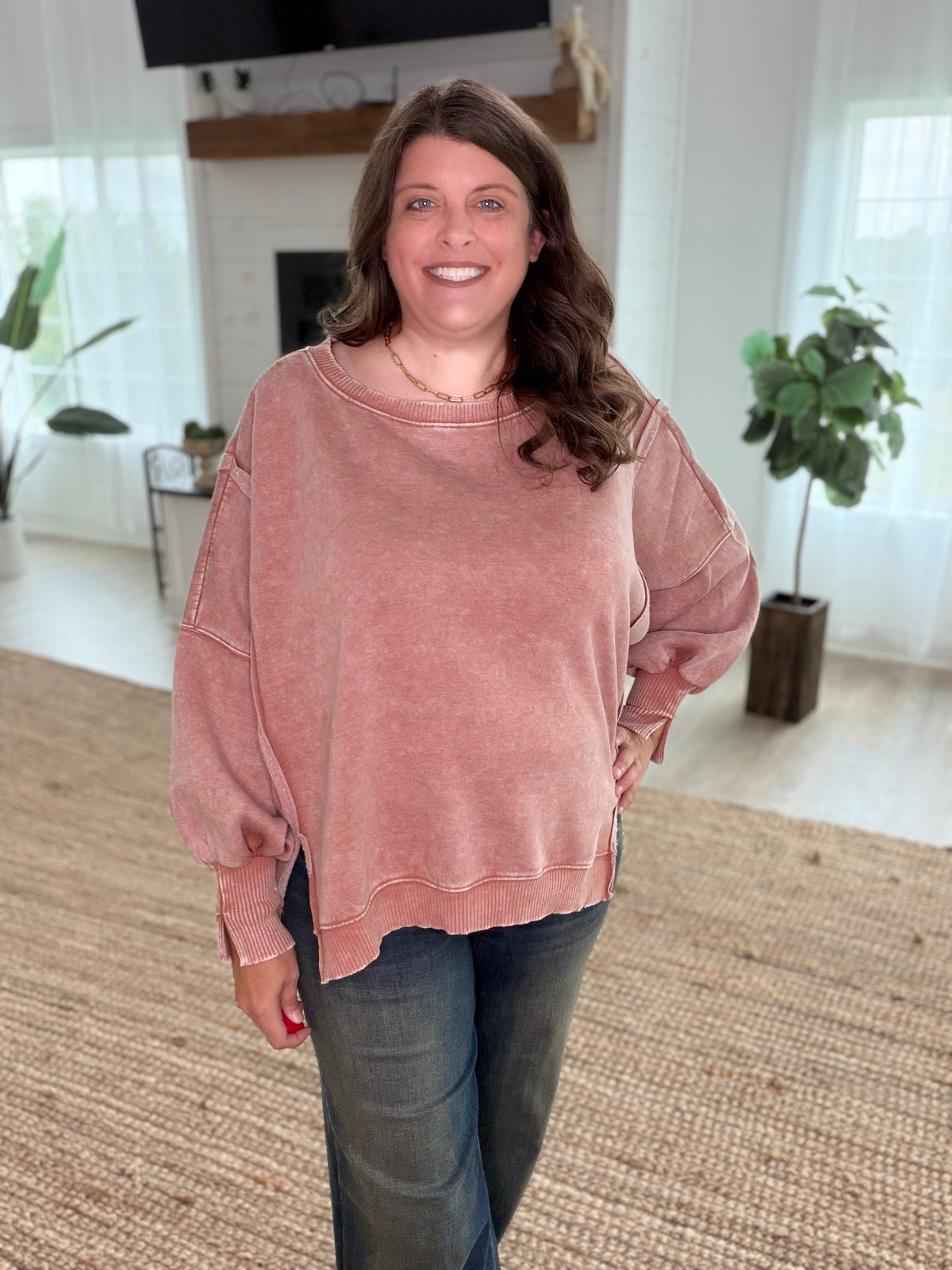 Rust Acid Washed Batwing Sleeve Hi-Low Fleece Sweatshirt